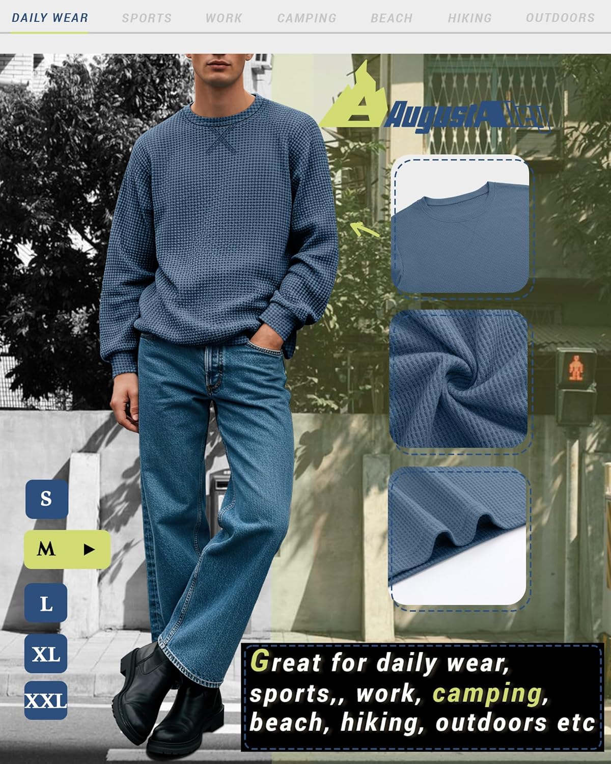 August Alley 3 Pack Men's Waffle Long Sleeve Shirts, Crew Neck Thermal Textured Underwear Tops Lightweight Pullover Sweaters