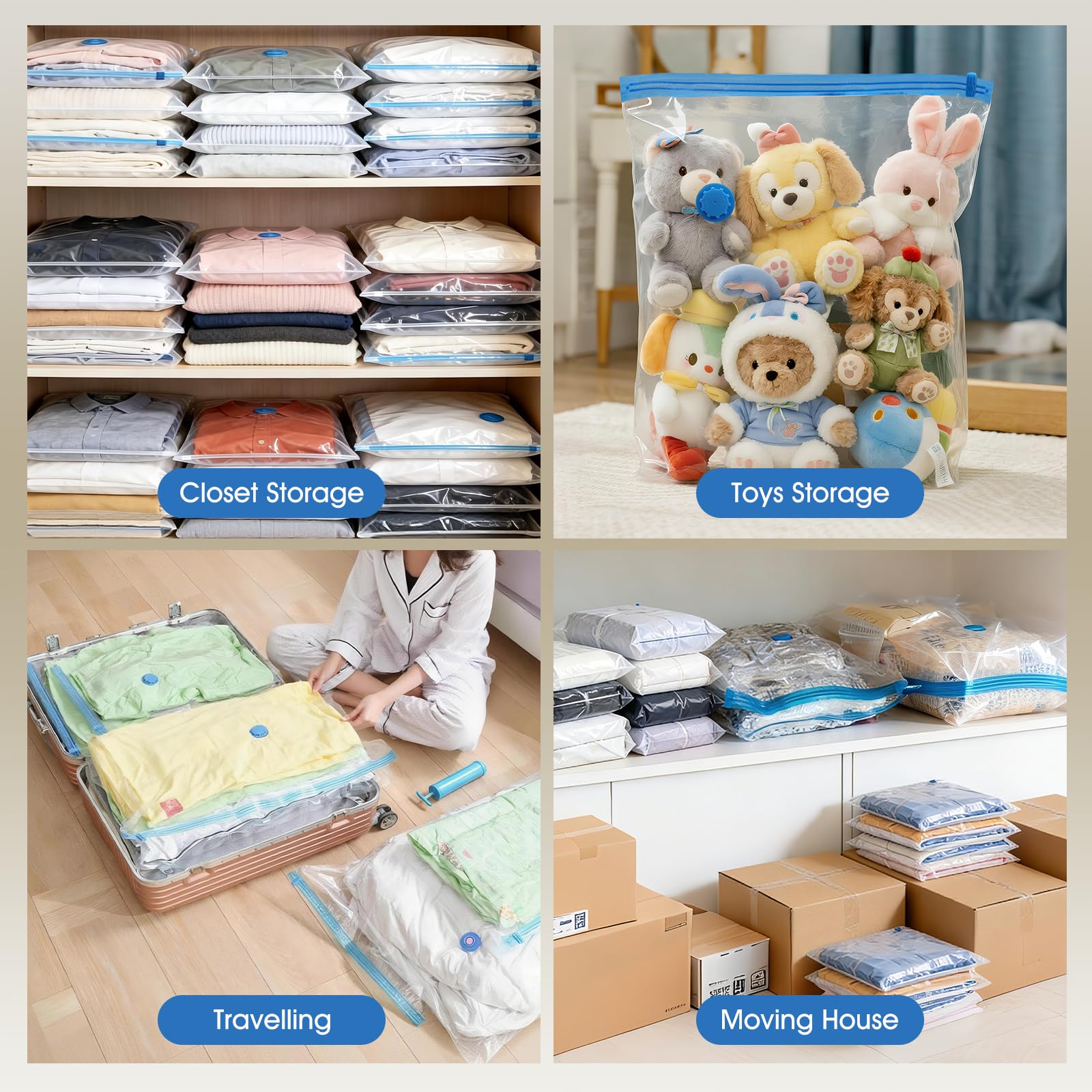 AROIC Set di 50 sacchetti sottovuoto salvaspazio per vestiti, coperte, conservazione stagionale con pompa elettrica, sacchetti sottovuoto per bagagli, accessori da viaggio e organizzazione della casa