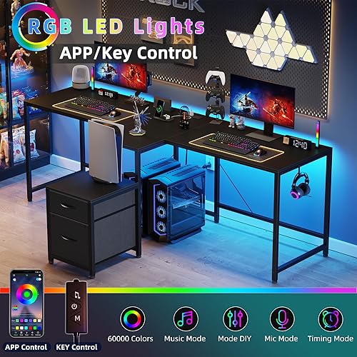 Miniatura 3 de Escritorio en forma de T para 2 personas con toma de corriente, mesa larga para juegos para dos personas con cajones LED y de tela, escritorios de