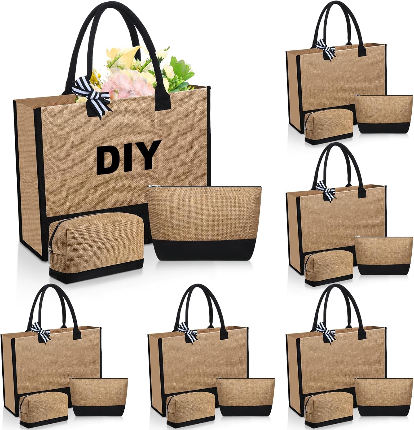 18 Pcs Burlap Tote Bags Bulk and Makeup Bag Set Large DIY Jute Tote Personalized Gift for Wedding Bridesmaid Women