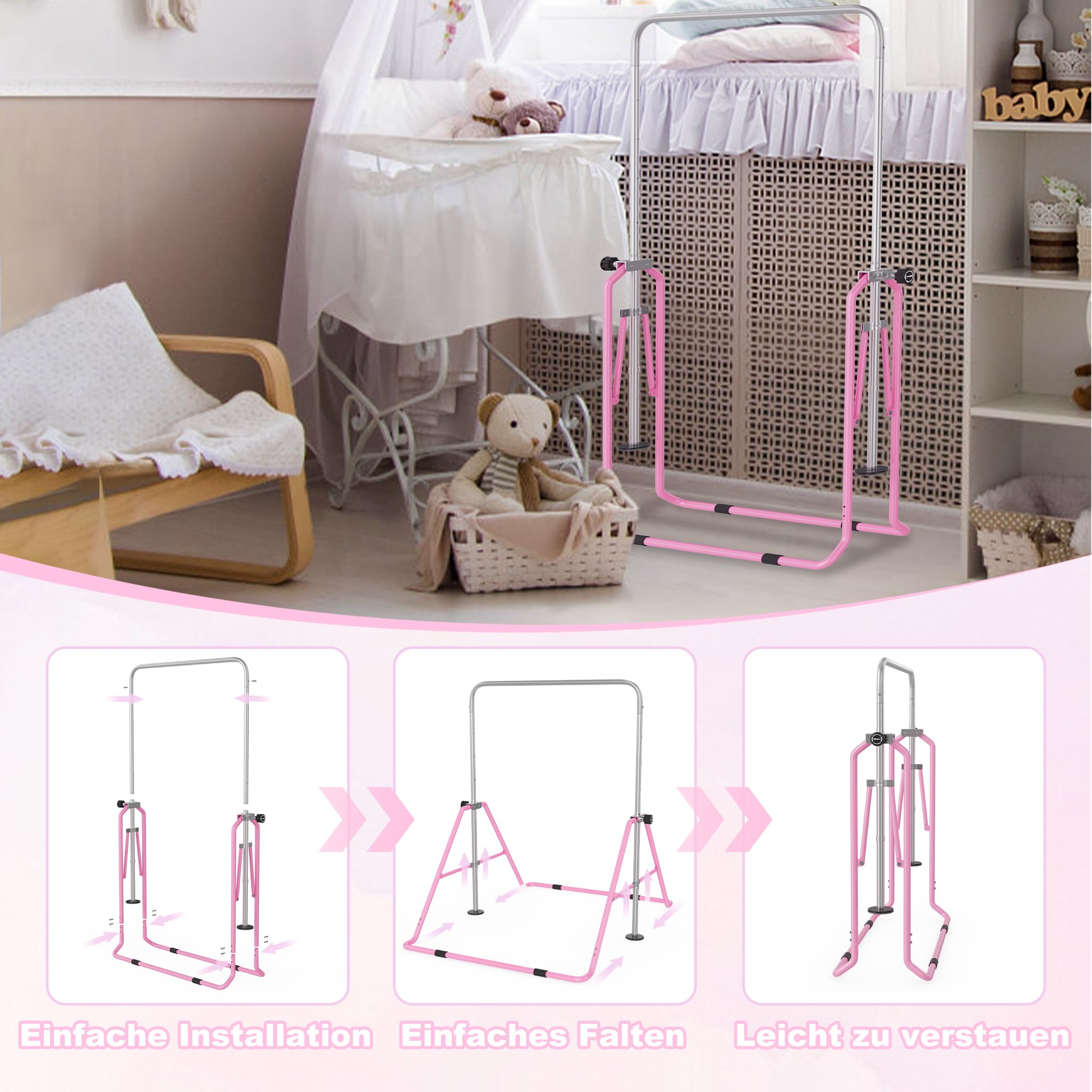 UISEBRT Asta da ginnastica regolabile per bambini, pieghevole, altezza regolabile 91-133 cm, carico massimo 140 lbs, bar da ginnastica indoor per bambini, ideale per 3-8 anni