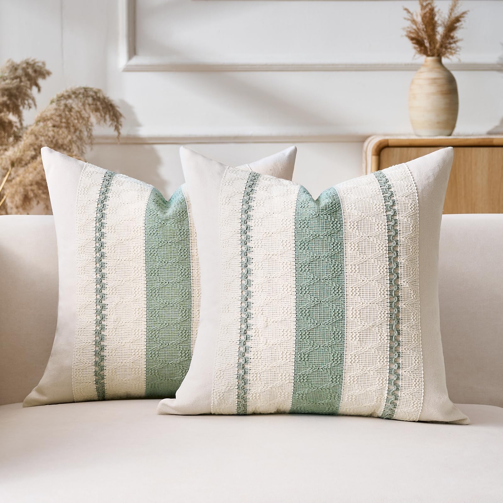 Aisybaklyn Cushion Covers Sofa Boho Set of 2 Sage Green Cushion Cover 40 x 40 cm Soft Cotton Linen Cushion Sofa Cover for Decorative Bed Cushions Living Room Sofas Bedroom