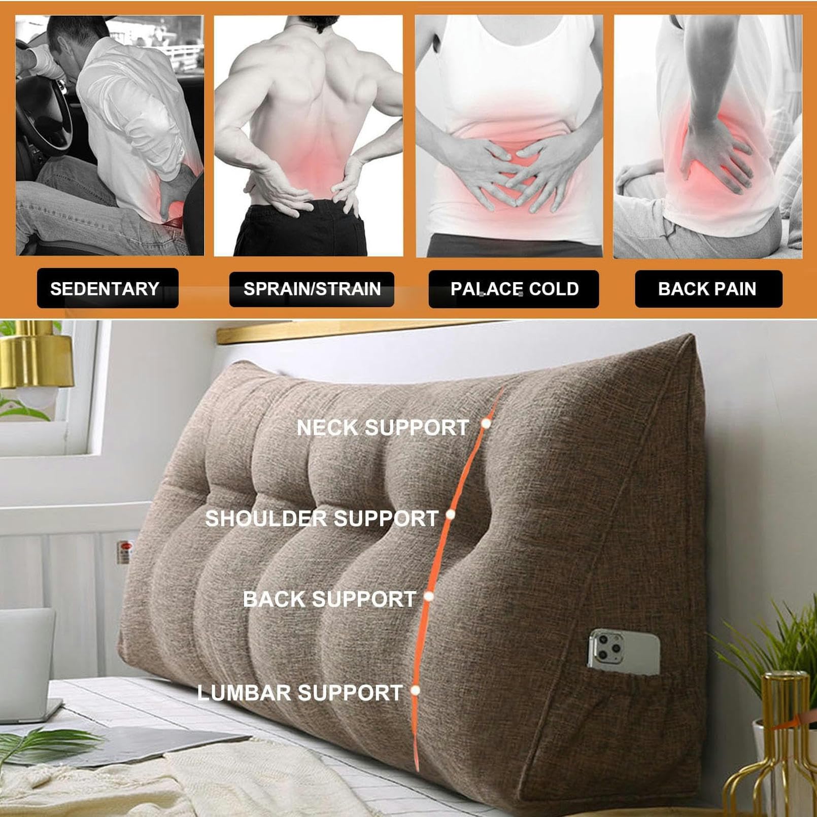 Almohada triangular grande para cabecero de cama, cojín de lino y algodón para leer, soporte de espalda, funda extraíble, cómoda almohada de posicionamiento