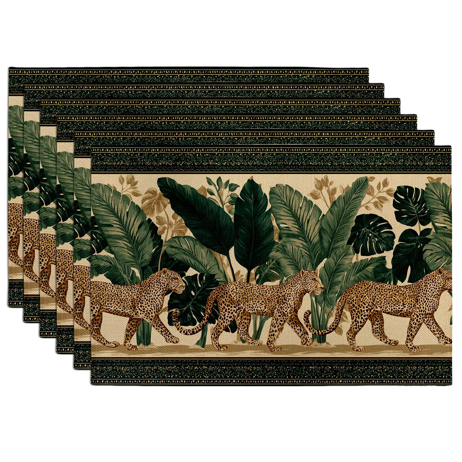 Jungle Leopard Placemats, Gold Animal Print Table Mats for Summer Gatherings, Non-Slip Washable Decorative Placemat for Indoor Outdoor Use Set of 6