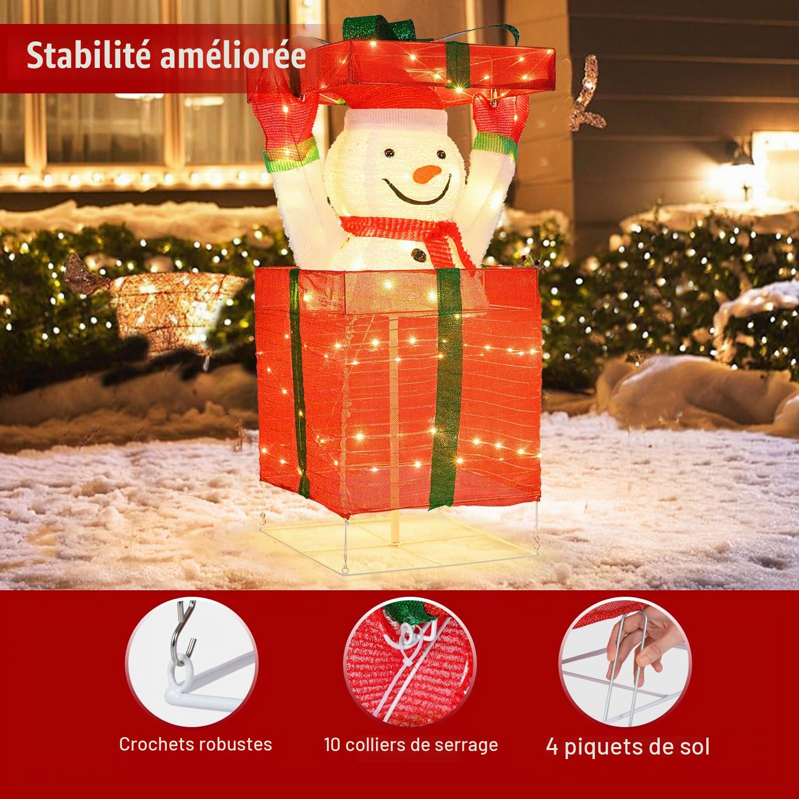SOARS Decoration Noel, Bonhomme de Neige en Boite Cadeau 115 CM, 100 LED | 100 Lumières LED Blanc Chaud, Piquets & Attaches, Decoration Noel Exterieur Interieur Maison pour Salon, Cour, Jardin, Sapin