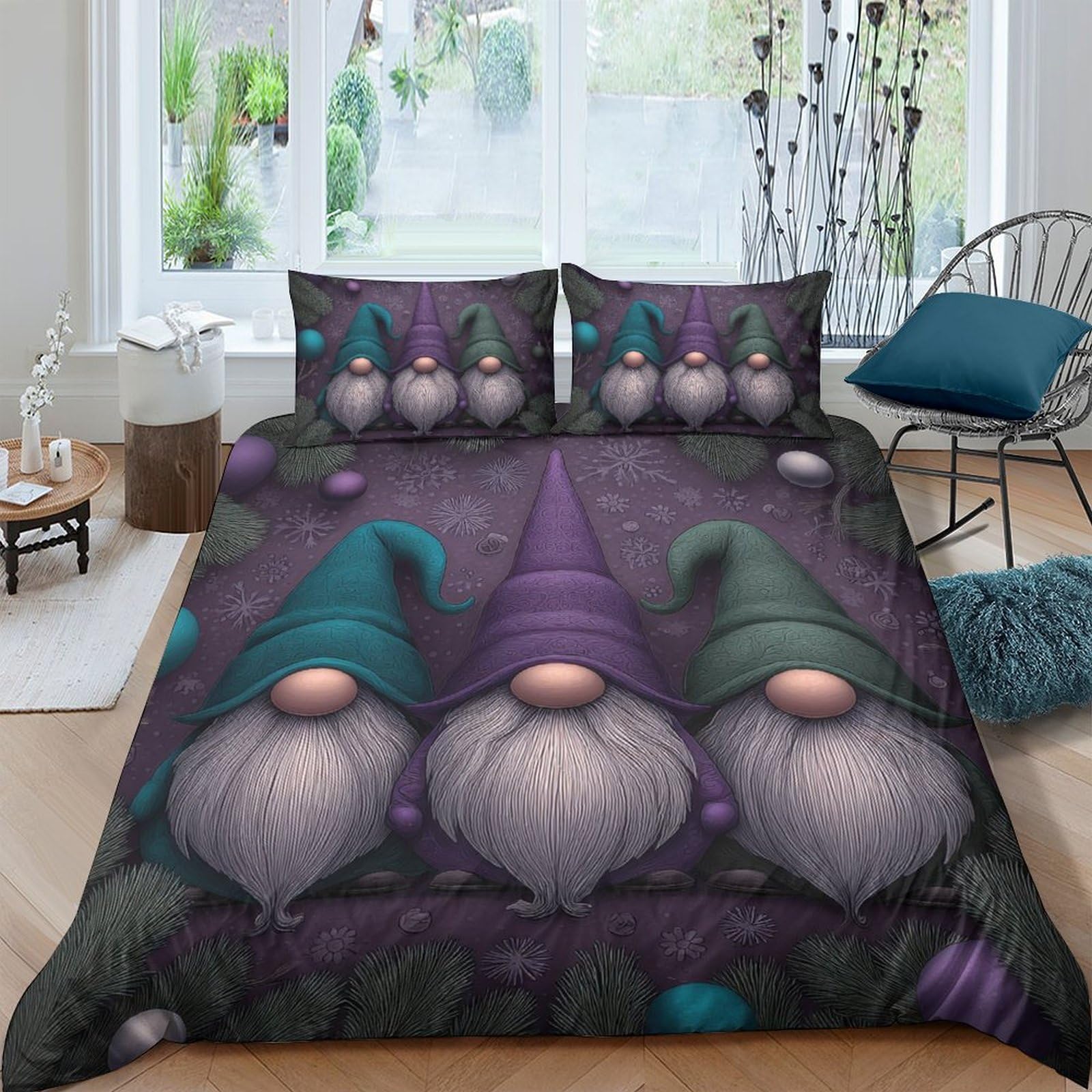 TUFRTGYHN 3D Printed Nordic Gnome Duvet Cover Set Microfiber Soft Breathable Cartoon Forest Quilt Cover with 2 Pillowcases for Bedroom Decor Single（135x200cm）