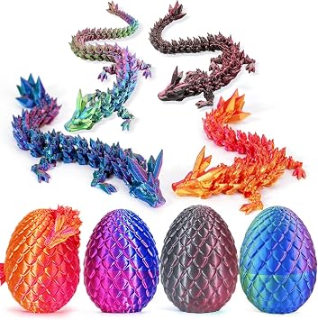 3D Printed Dragon 4-Pack with Eggs - 4 Articulated 8.6" Crystal Dragons in Matching Surprise Eggs, Cool Desk Toys & Fidget Pets for Adults, Bulk Christmas Stocking Stuffers