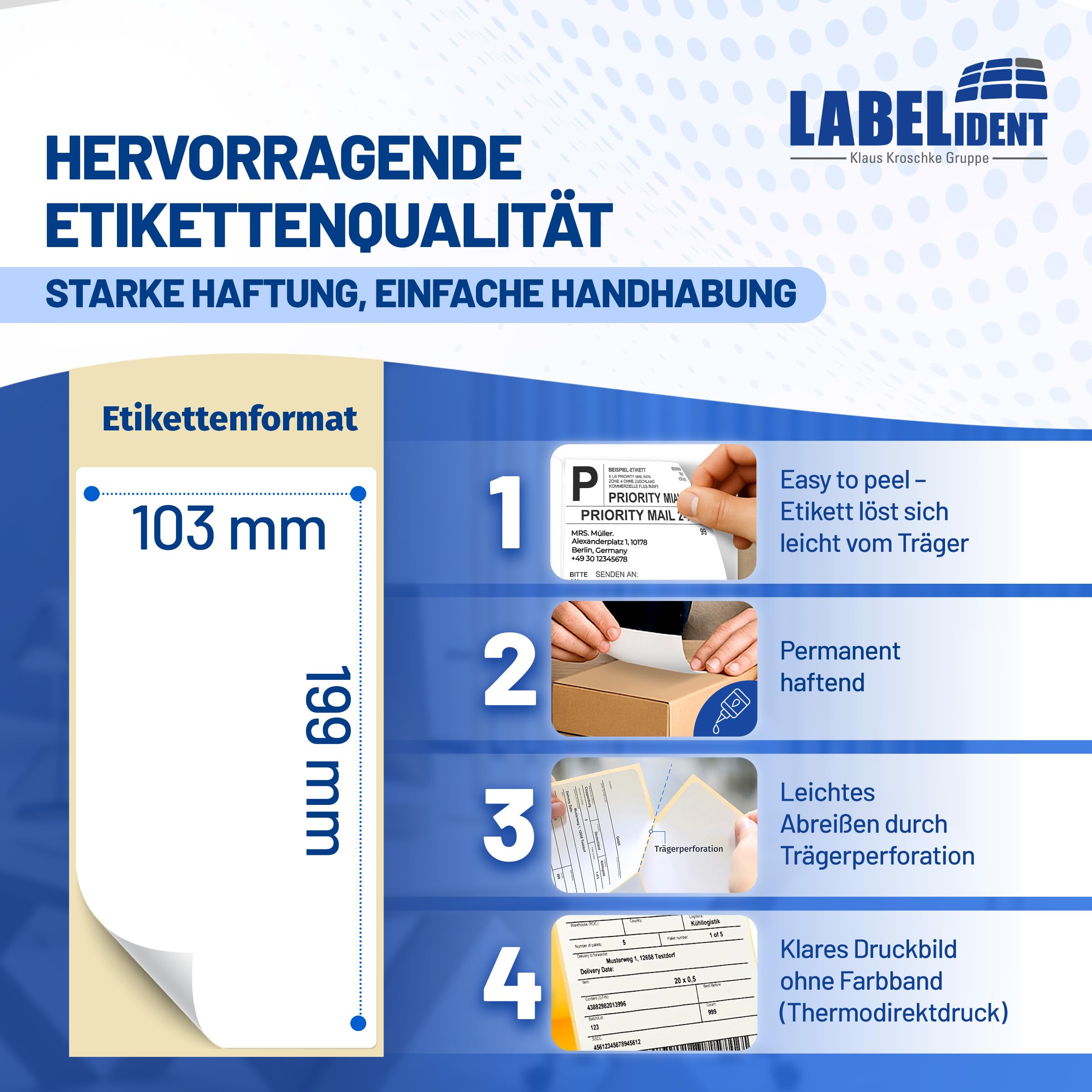 Labelident Versandetiketten (103 x 199 mm) - 2.500 Thermoetiketten auf 10 Rolle/n | Stark selbstklebende Thermodirekt-Labels für DHL, DPD, Fedex, GLS, Hermes, UPS, Zebra