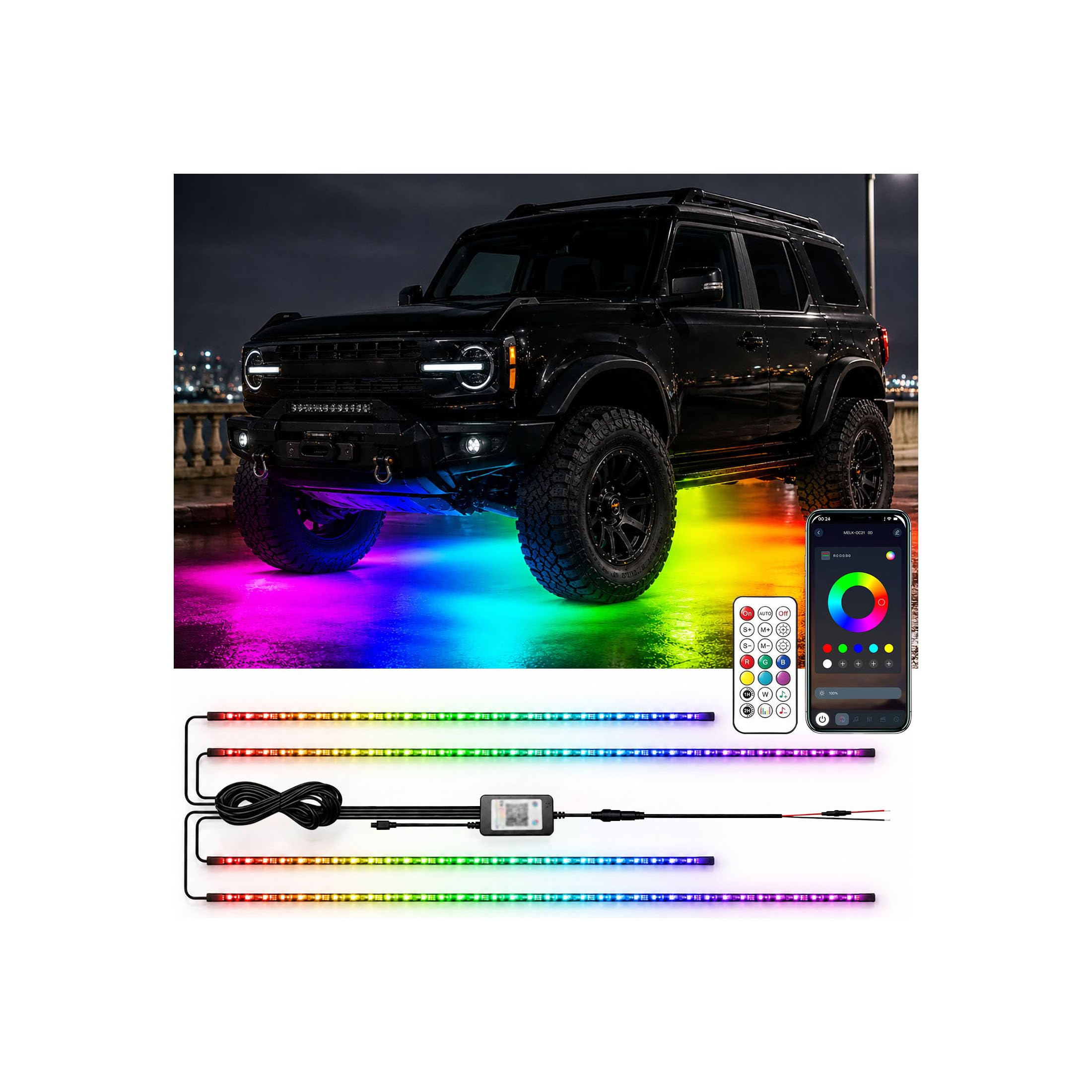 4 Stück Unterbeleuchtung für Auto, Autounterlicht RGB Streifenlichter mit App Steuerung, Musiksynchronisierung und Multi-Mode, Auto Underglow Kit, DC 12 V