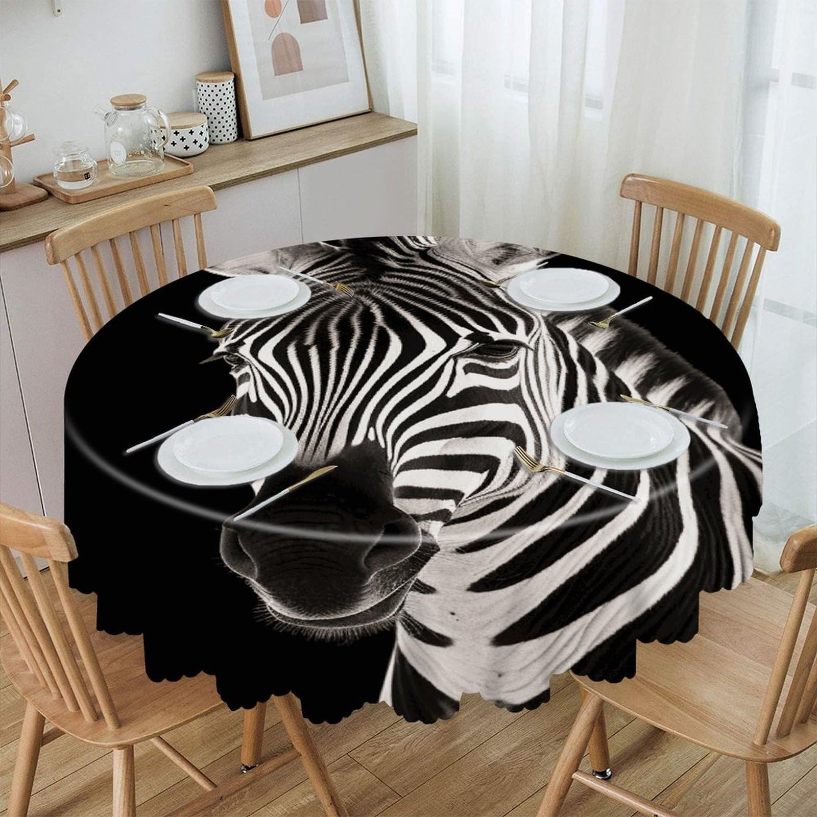 FekiLoot 60 Inch Round Zebra Tablecloth Waterproof Heavy Duty Polyester Table Cloth Spill-Proof Wipeable Table Cover Decorative Circle Dining Tablecover for Party Outdoor