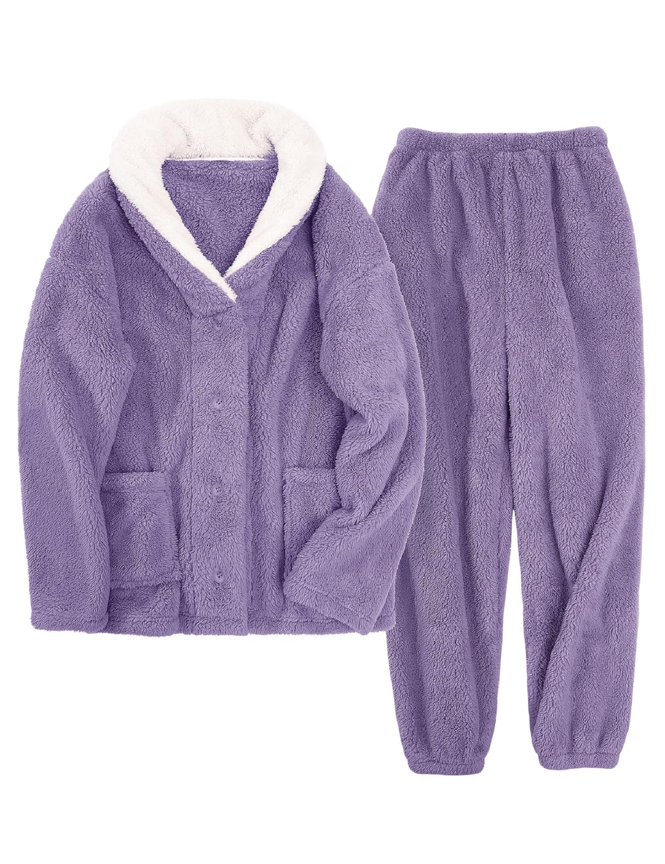 Ensemble de pyjama pelucheux pour femme en polaire douce 2 pièces – Chemise de nuit chaude et moelleuse – Vêtement de nuit en peluche