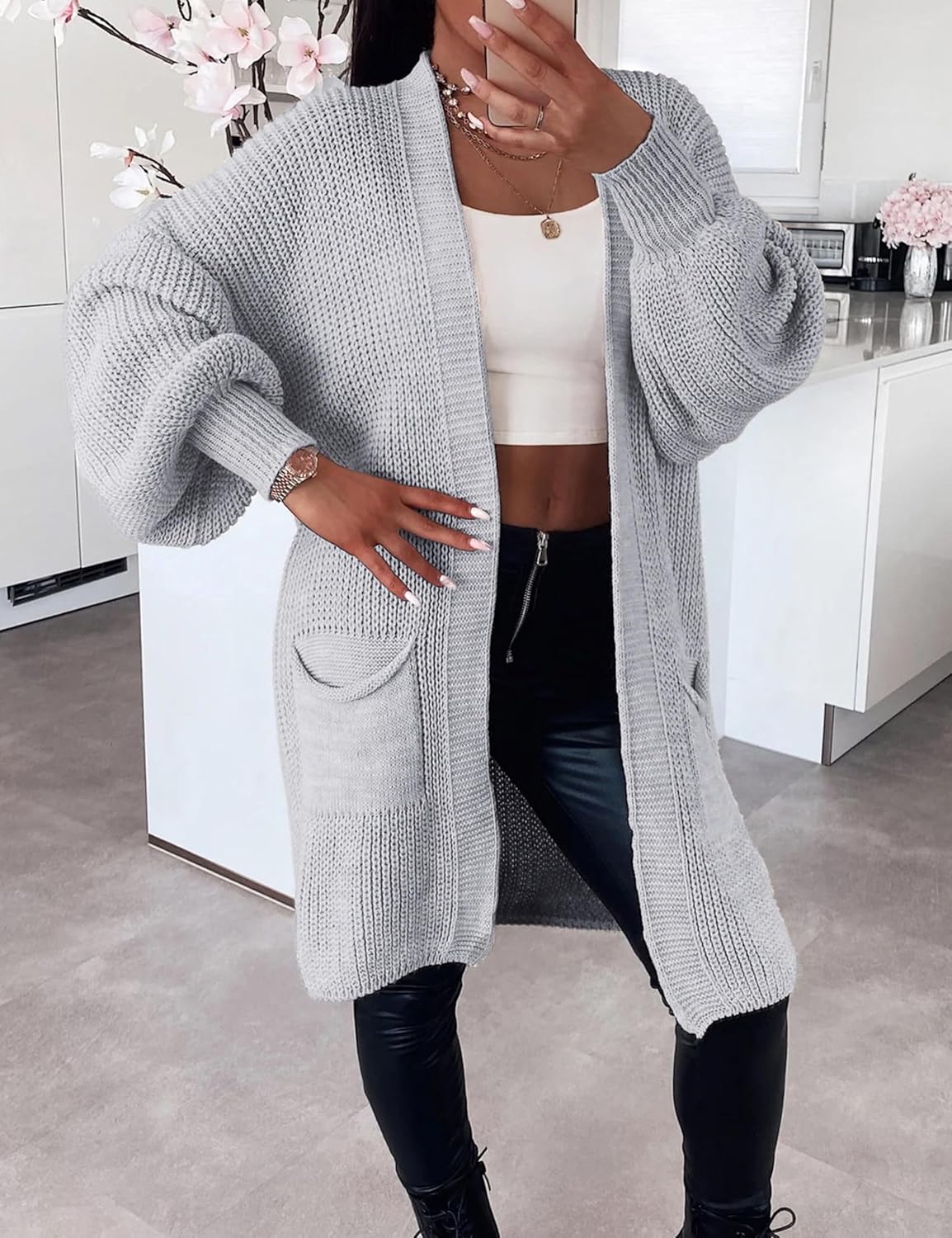 Dqbeng Womens Long Cardigan Sweaters Oversized Open Front Chunky Knit Sweater with Pockets - Image 2