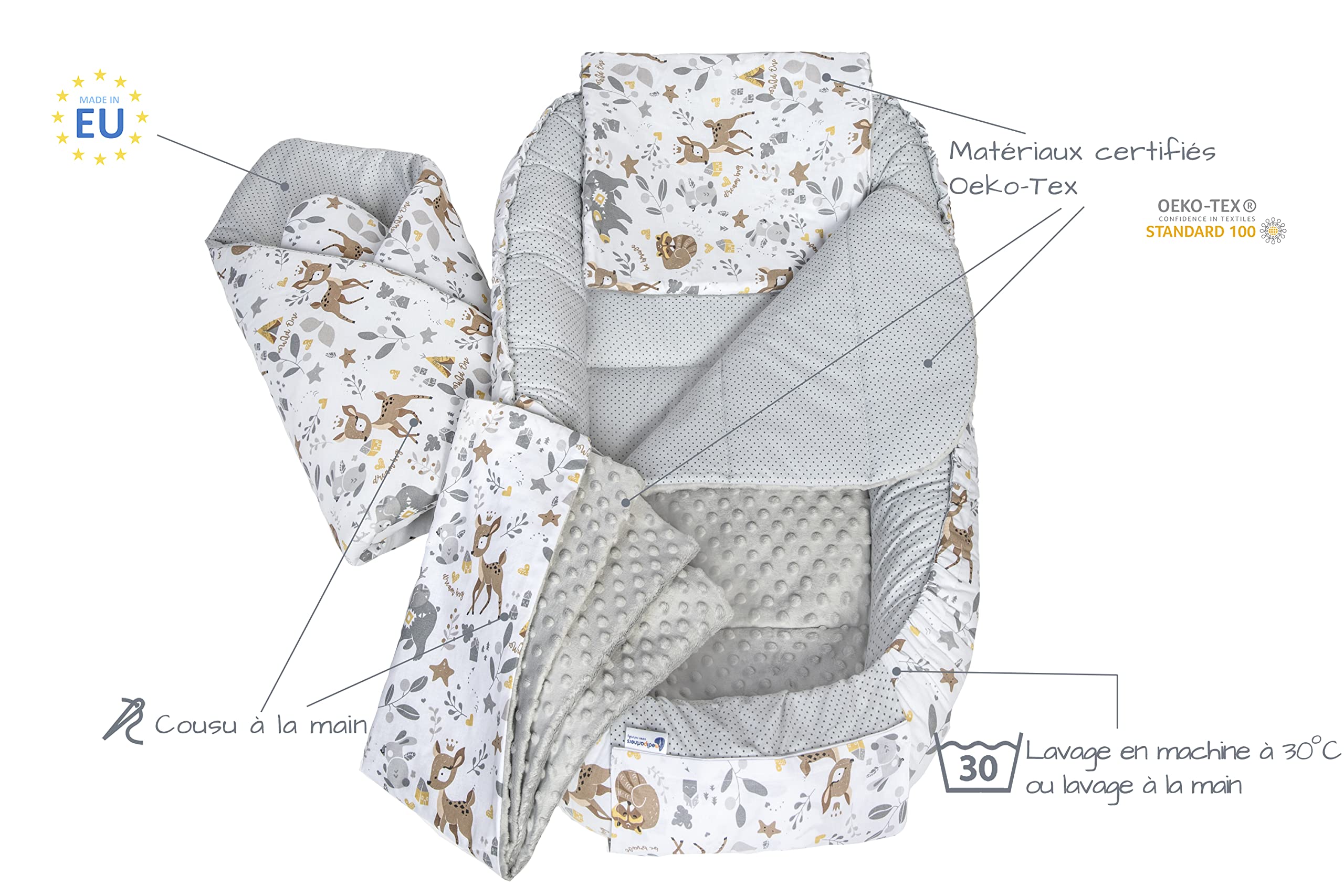 Medi Partners Reducteur de Lit Bebe - Réducteur Bébé 100x60x15cm 5 éléments Cocon et Naissance Nid d'ange bilatéral Cale 100% Coton Minky (Cerf avec Minky Gris)
