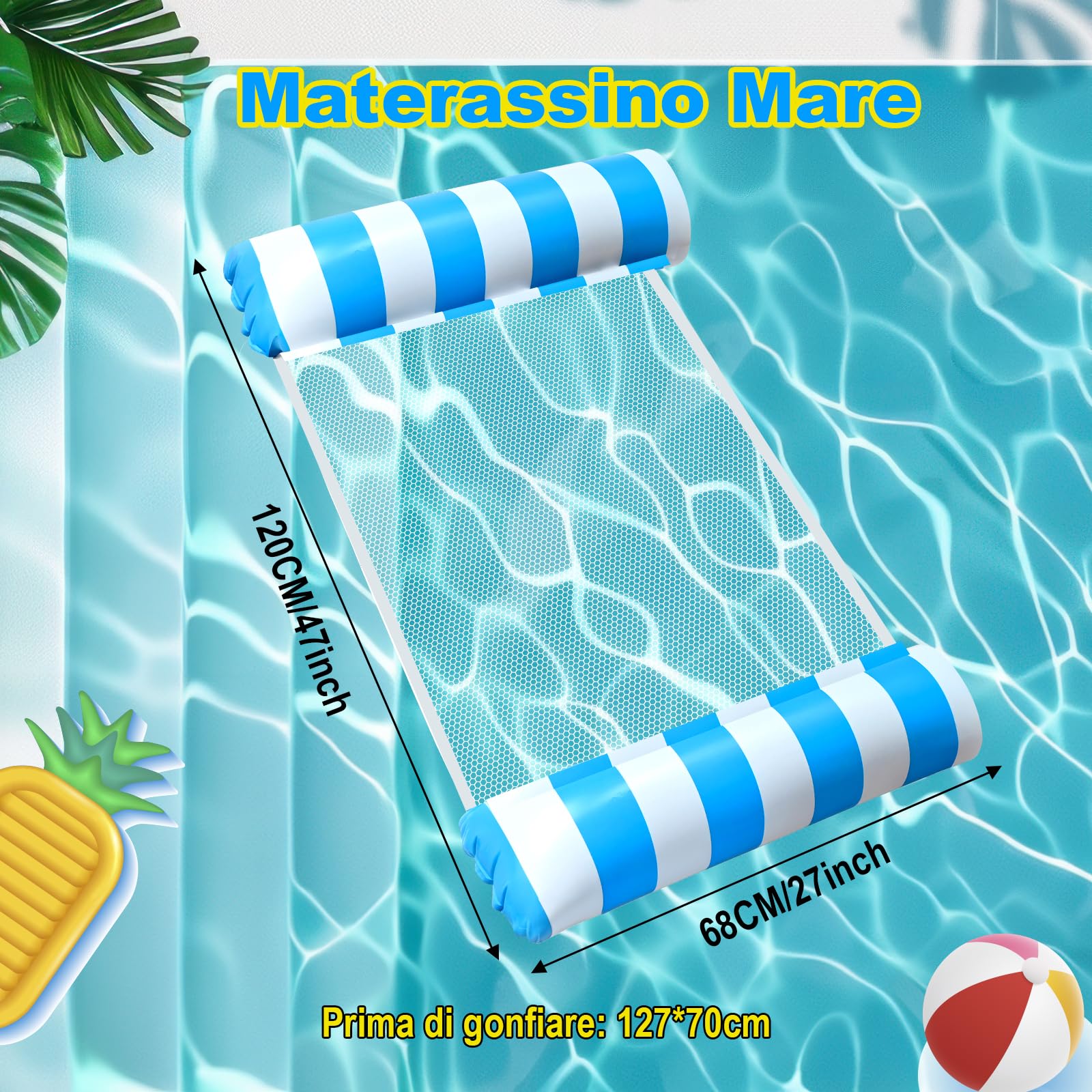 GOLDGE 2 Pezzi Materassino Mare, 4 in 1 Multiuso Piscina Gonfiabile, Amaca Galleggiante Gonfiabile per Adulti da Spiaggia e Piscina (Blu e Giallo)