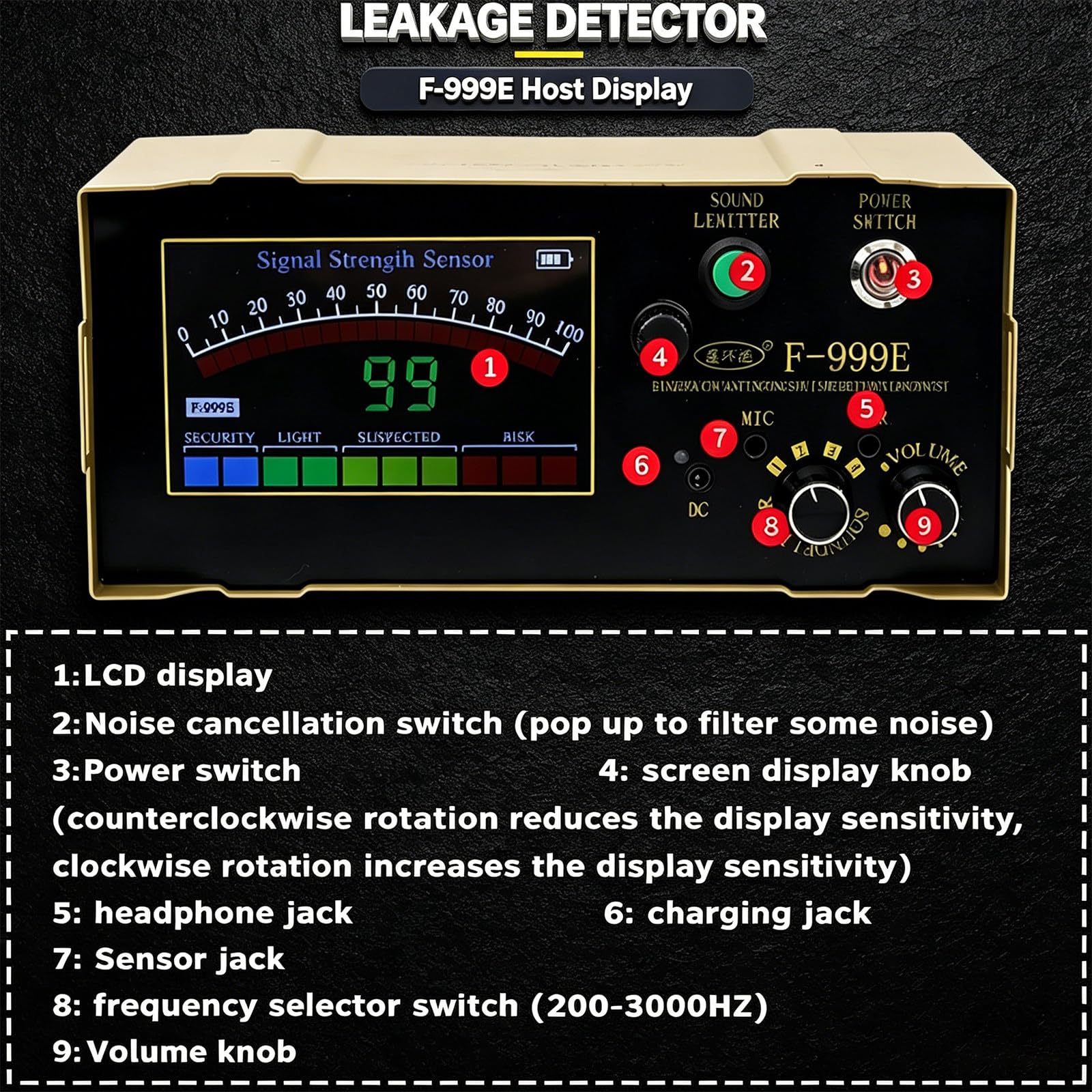 Detector Fugas Piscina y Dispositivo detección F999E, frecuencia 200-3000 Hz, método no destructivo, Estuche Transporte. para contratistas y construcciones