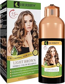 HERBBY Hair Color Shampoo for Gray Hair Coverage&Color Transform with 9 Herbal Extracts –Long Lasting(6-8 Weeks),Shiny,Evenly Colored,Instant Hair Dye Shampoo&Conditioner, 500 Ml (LIGHT BROWN COLOR)