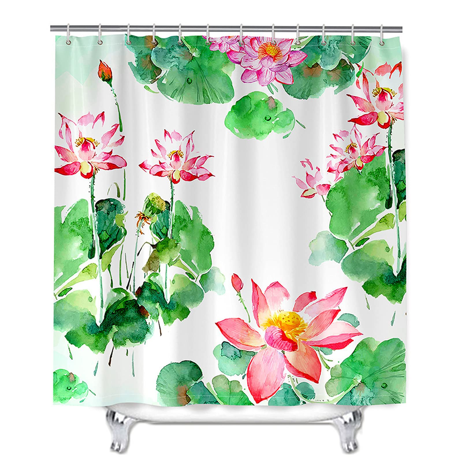 Oduo Shower Curtains Mould Proof Resistant Washable, 3D Lotus Flower Print Shower Curtains Waterproof Bath Curtain with 10-12 Hooks - Shower Curtain for Bathroom (Pink Lotus Flower,180x200cm)