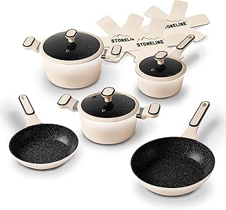 STONELINE Cookware Set 11-Piece 18/20/24 cm Pans and Pots with Lid, Pan Set, Induction Non-Stick Coated with Real Stone Particles, All Types of Cookers, Colour: Cream