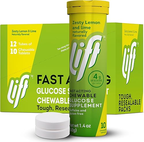 Lift Tabletas energéticas masticables de glucosa de acción rápida  Limón y lima  Tubo de 10 unidades (paquete de 12)