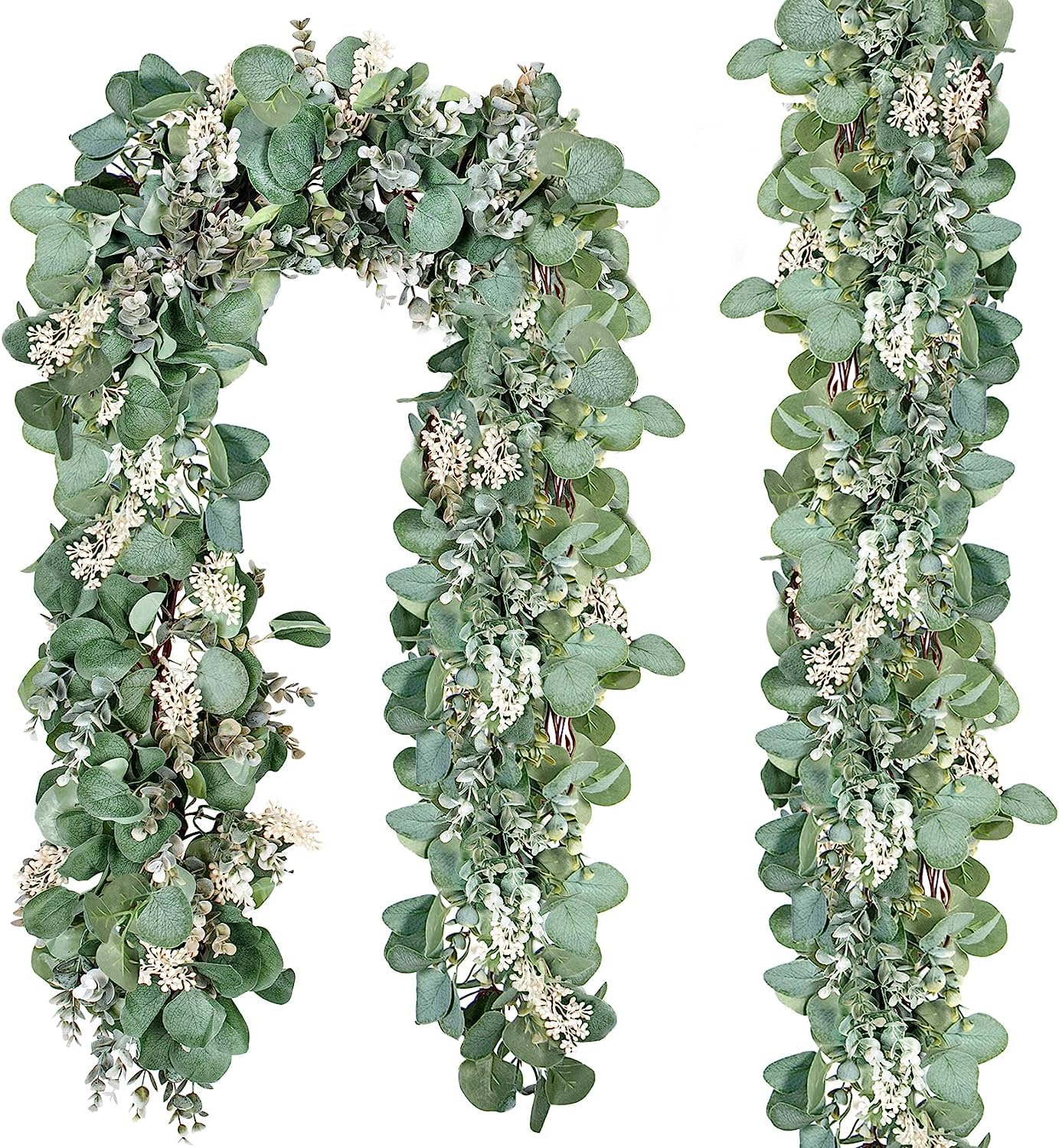 Ouddy Decor 2 Pack Eucalyptus Garland Total 13.1 Ft Lush Silver Dollar Eucalyptus Leaves with White Buds Boxwood Artificial Greenery Garland Vines for Baby Shower Wedding Party Table Home Mantle Decor