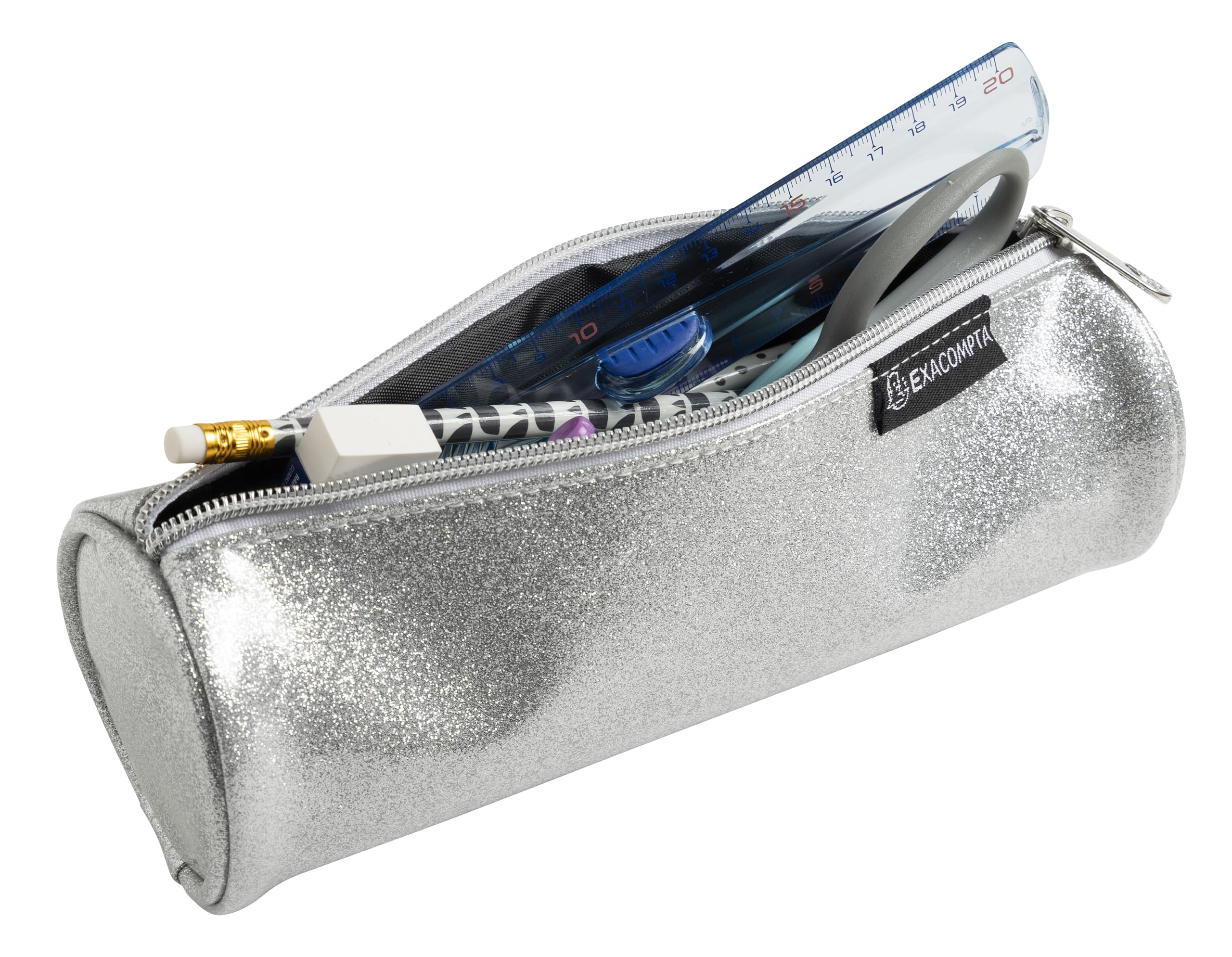 Exacompta - Réf. 52770E - Carton de 16 trousses rondes Glitter en PU simili cuir paillettes - doublée de polyester - dimensions 22,5 x 8 cm - couleurs bleu, gris, noir, nude