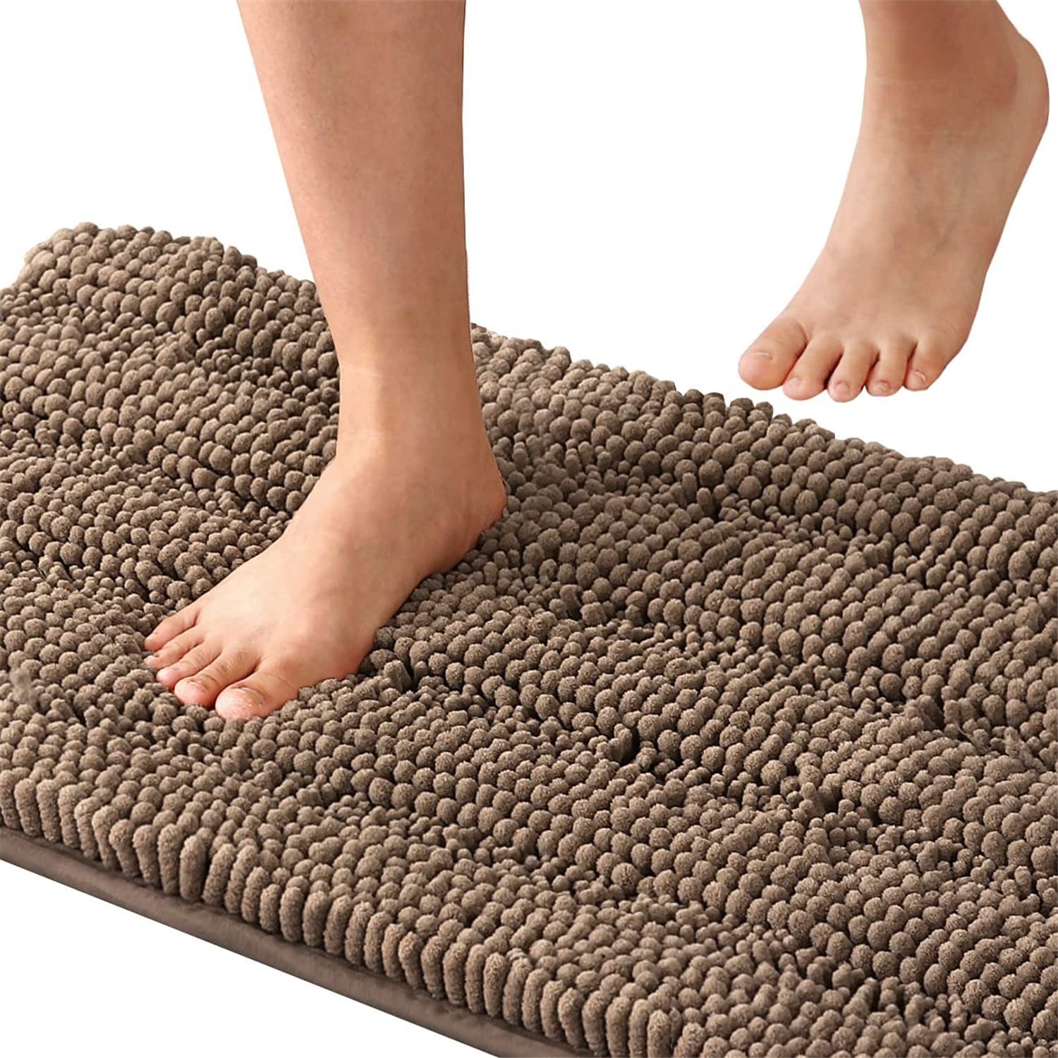 Tapis de bain antidérapant en chenille à poils longs pour chambre à coucher et salle de bain Taupe Marron 150 x 50 cm Accessoire de bain doux