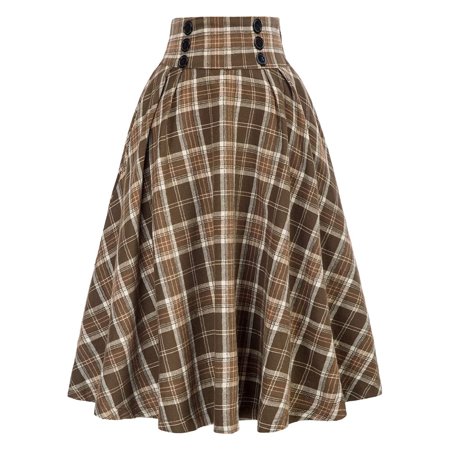 Womens Vintage Elegant Plaid Long Skirt High Waist Elastic Waist