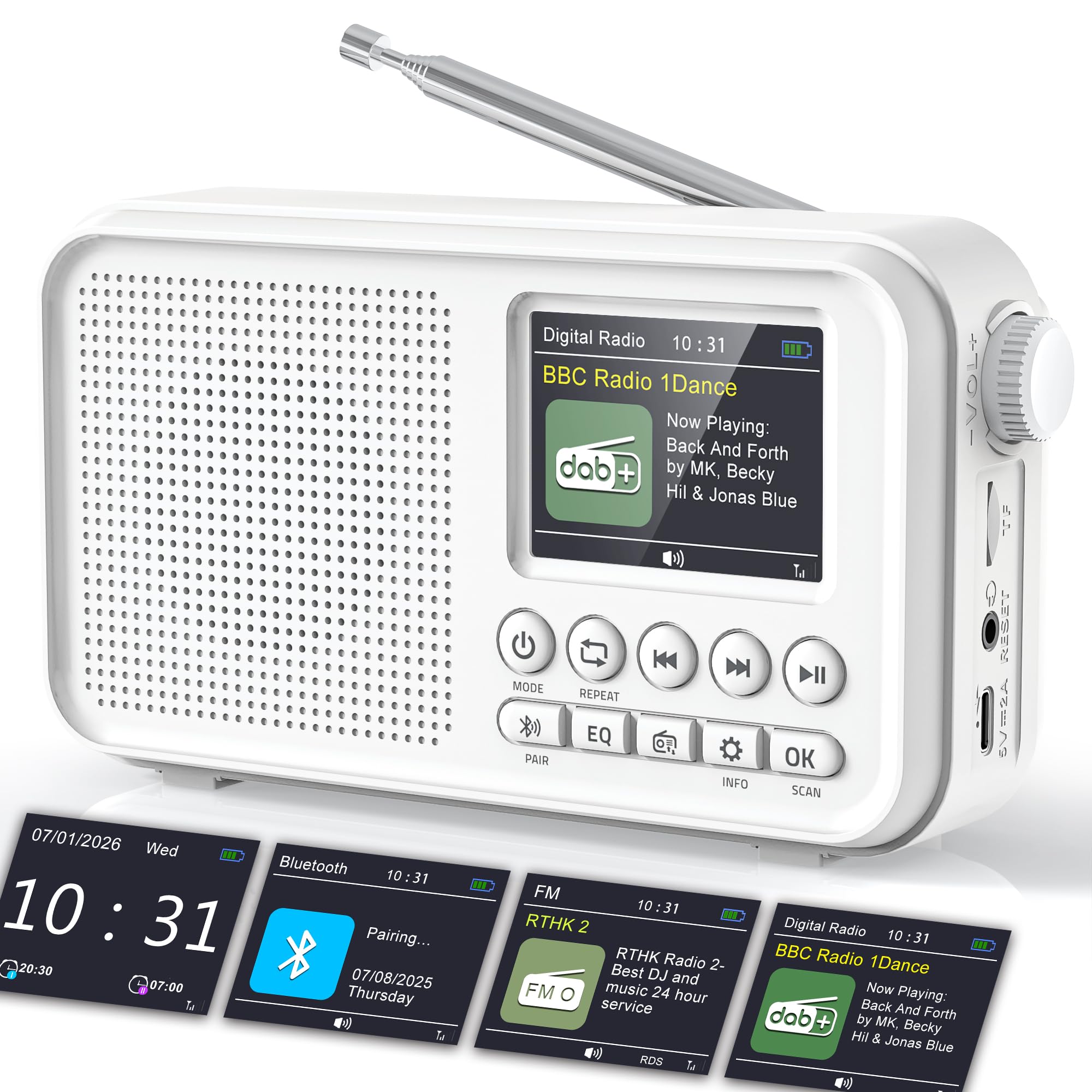 ROCAM Portable DAB/DAB+/FM Radio 3000mAH Rechargeable Battery & Mains Powered, 2.4" Digital DAB Radio with Bluetooth 5.0 & Hi-Fi Speaker, 40 Presets Stations, TF Card Support, Dual Alarms, EQ Modes