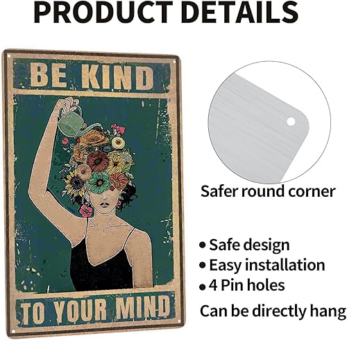 Miniatura 2 de Letrero de metal con texto en inglés Be Kind con texto en inglés To Your Mind Floral Woman, letrero retro de aluminio para amantes de las plantas,