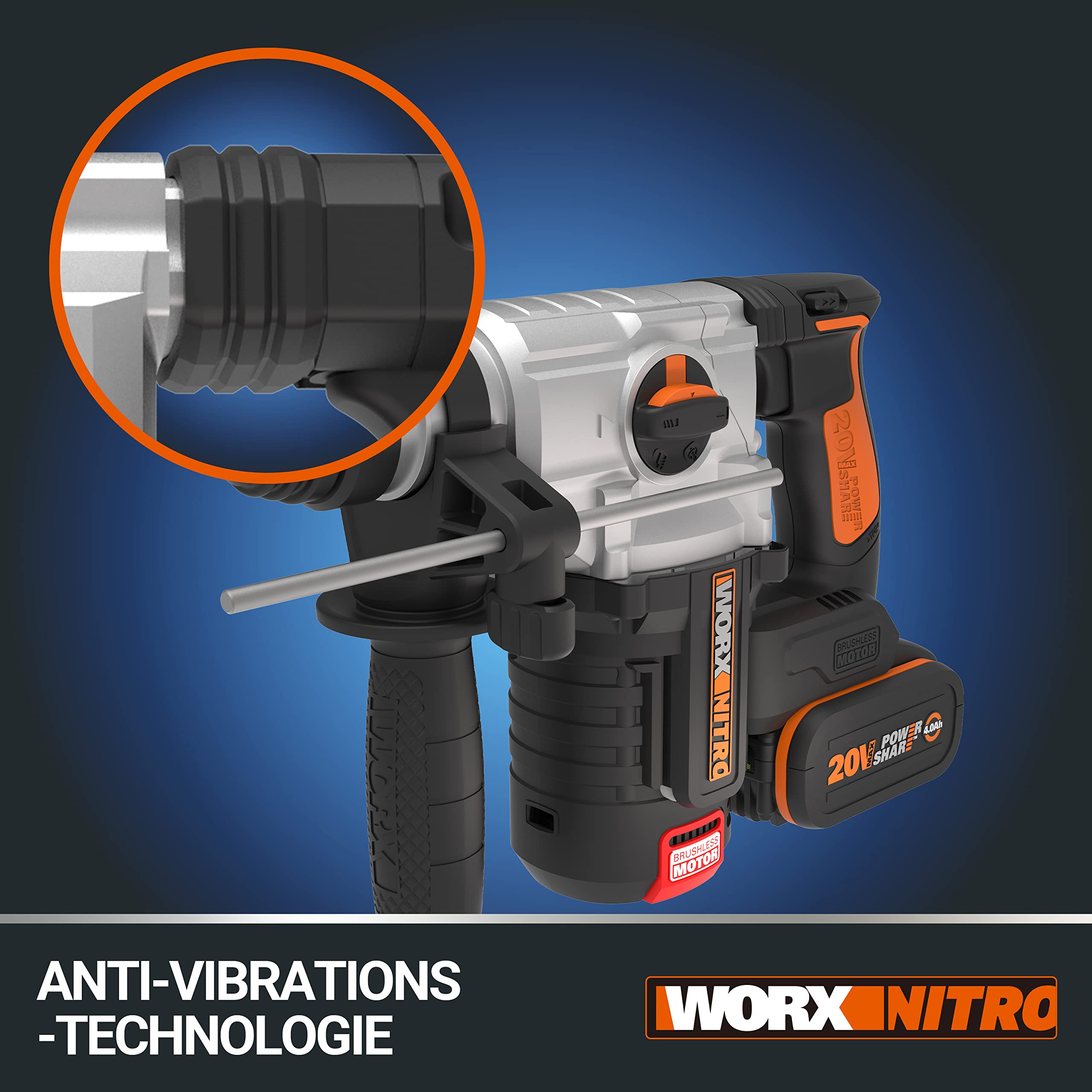 WORX NITRO WX380.9 Akku-Bohrhammer 20V - zum Bohren, Hammerbohren & Meißeln - bürstenloser Motor - stufenlose Drehzahleinstellung - verschiedene Stoff kompatibel - ohne Akku & Schnellladgerät