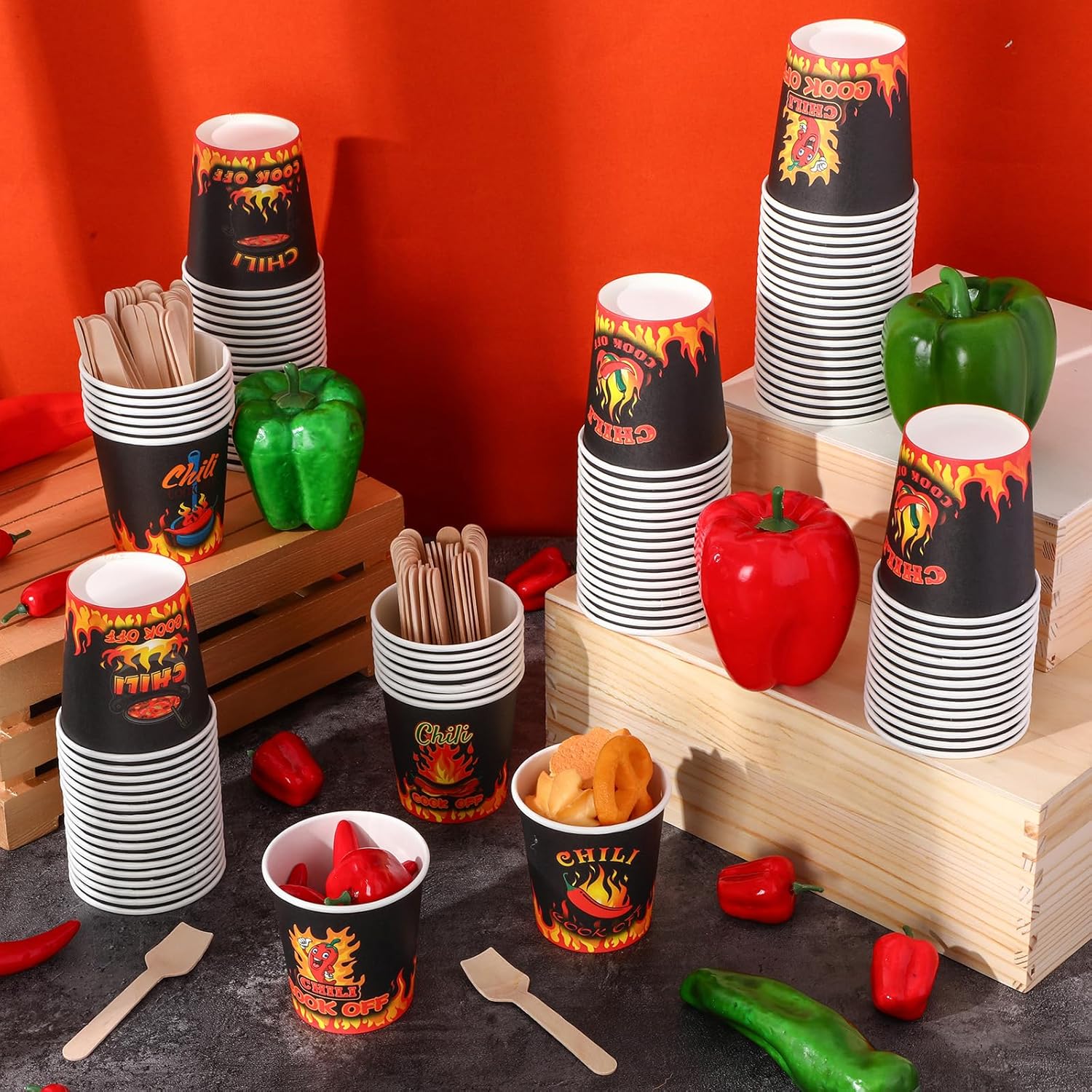 800 Pcs 7 oz Chili Cook off Cups Sets 400 Disposable Chili Tasting Cups 400 Wooden Spoons for Mexican Cook off Party Decorations Supplies (Black)