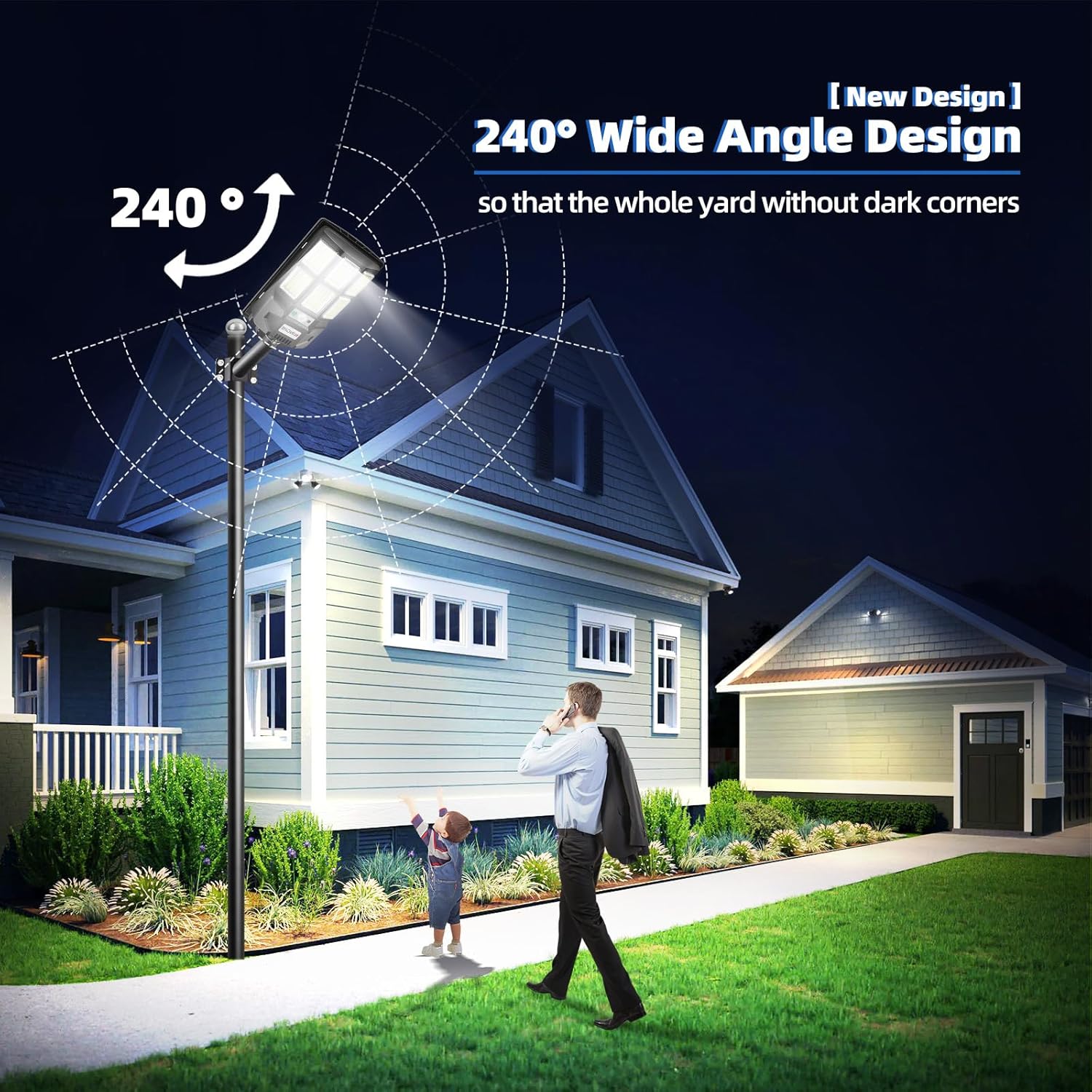 Comparison image showing the 240-degree wide-angle design of the new KingHe solar light versus an older 90-degree design.
