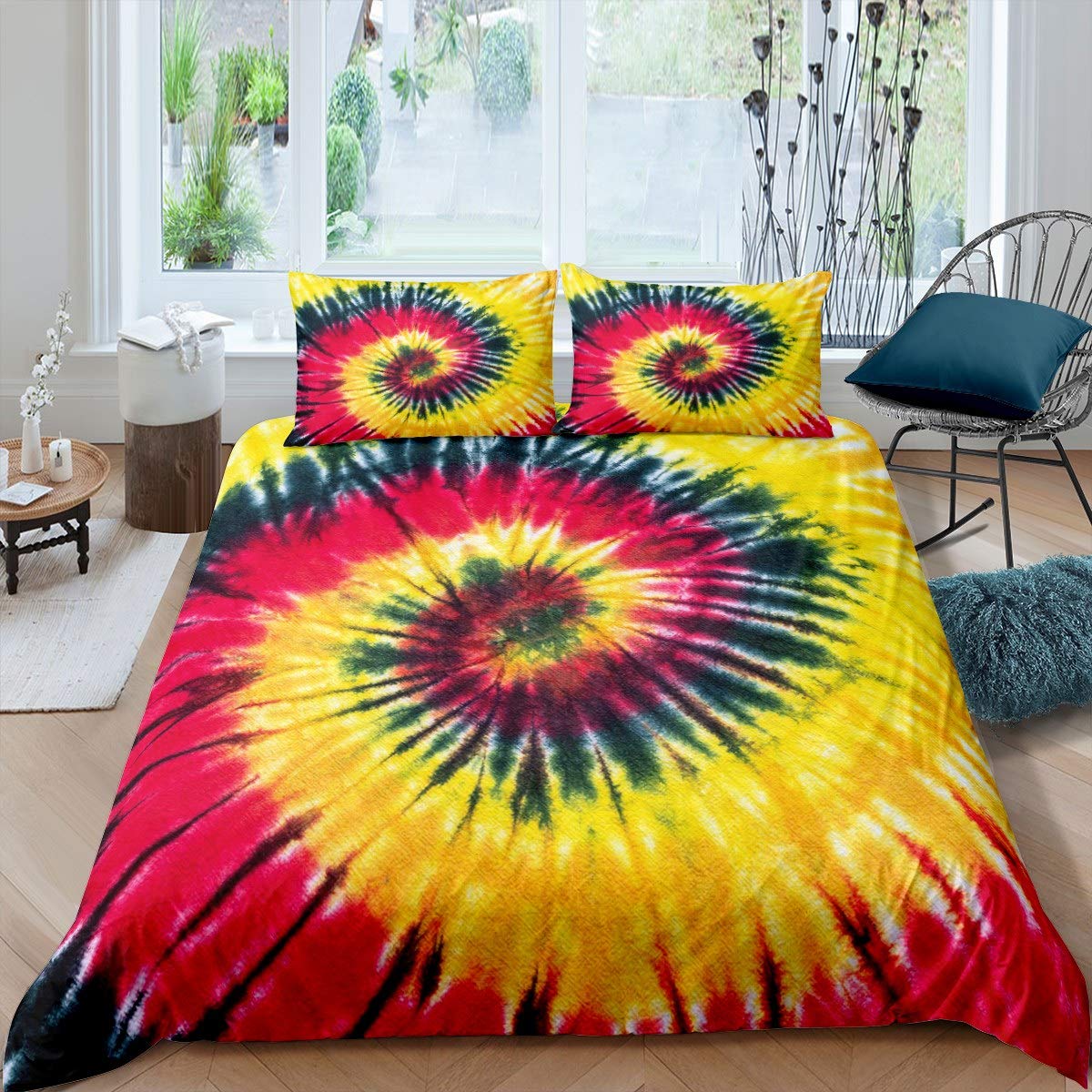 Housse de couette boho psychédélique tie-dye rouge jaune literie enfant fille garçon 3 pcs