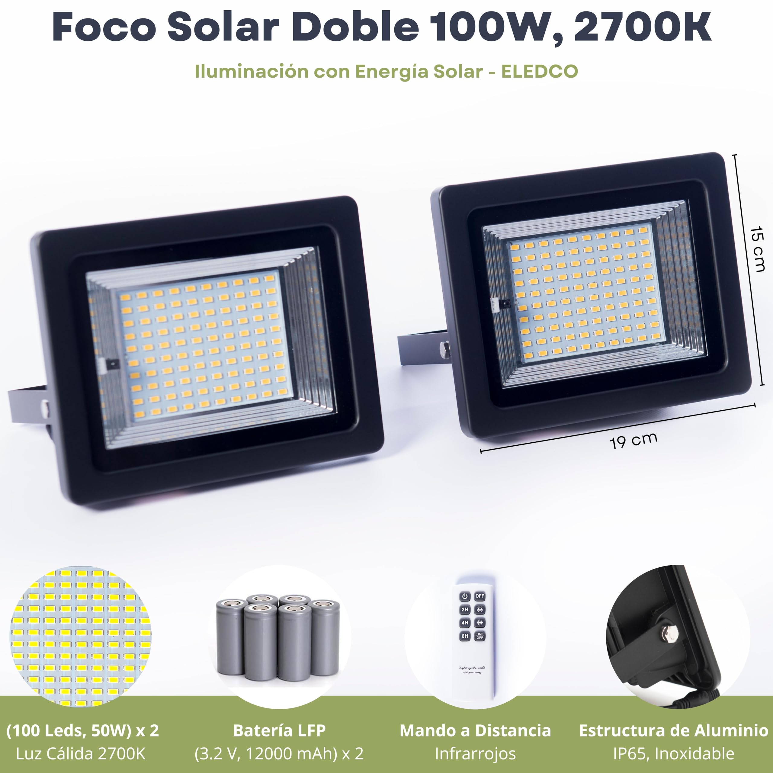 Foco Solar LED con 2 Focos, Luces Exterior con Panel Solar, Batería, Mando a Distancia, Autonomía 8-15 Horas (2 Focos, Luz Cálida 2700K)