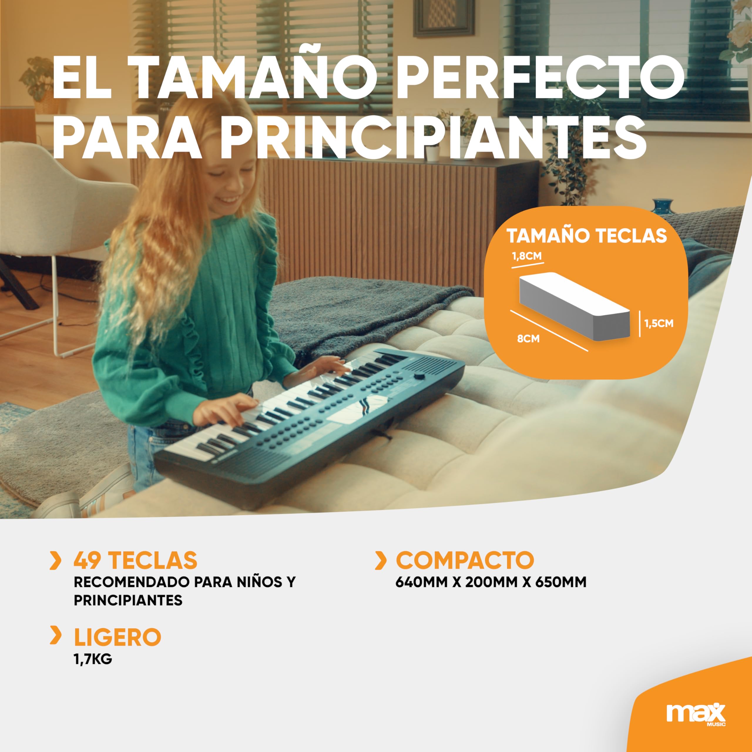 MAX Rhapsody49 - Piano eléctrico de 49 teclas para principiantes con función de aprendizaje, teclado con altavoz, pantalla LED, 80 canciones de demo, 300 de sonido y ritmos, USB-C, Midi y auriculares