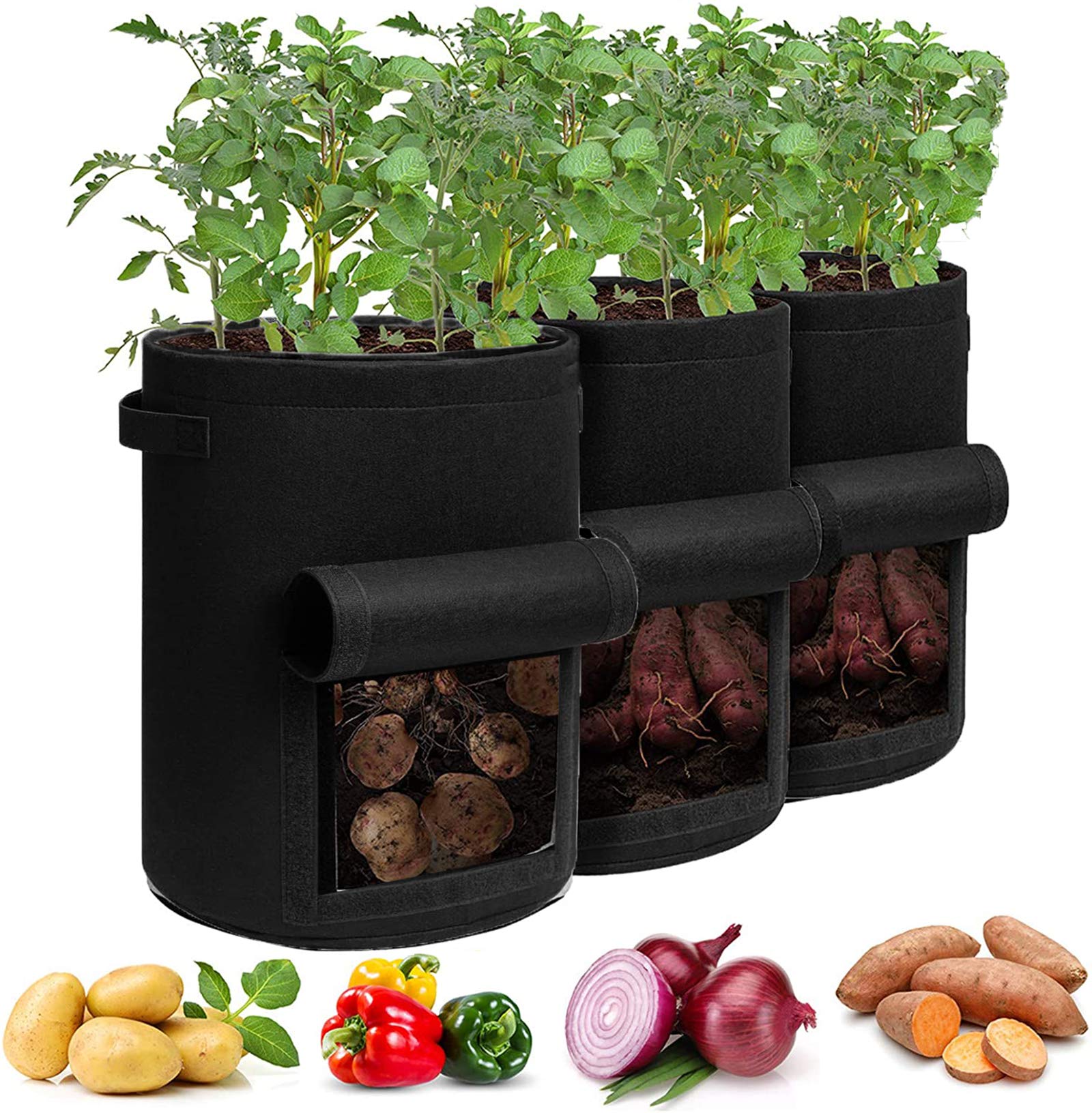 MFOX 3 Pack 7 Gallon Potato Grow Bags,Garden Planting Bags,Non-Woven Aeration Fabric Pot Growing Bags,Vegetables Planter Bags with Handle and Access Flap, Black