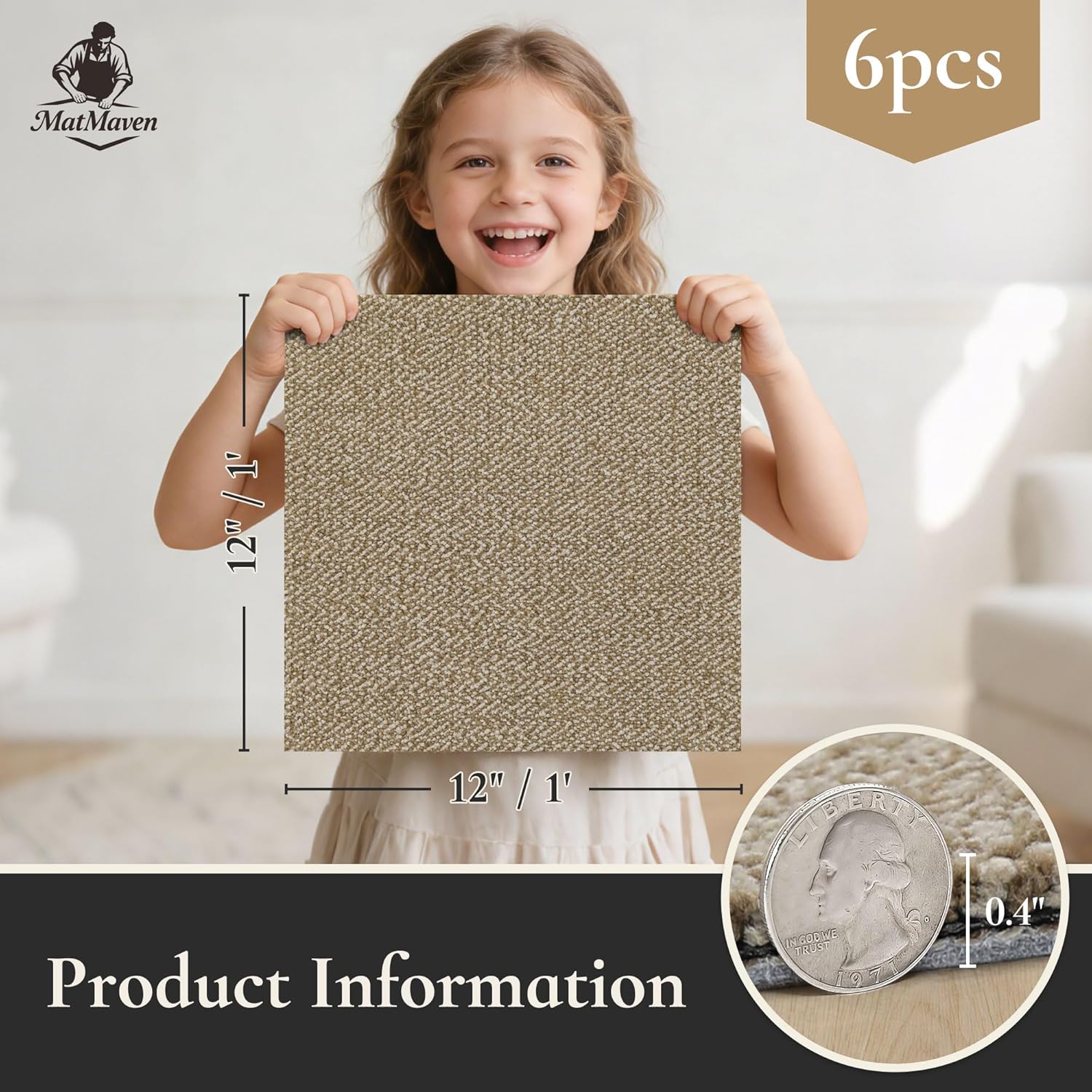 Kitchen Rugs, 12"x12" Super Absorbent and DIY Square Kitchen Mats, 6 Picecs Soft Kitchen Floor Mat,Non Slip Machine Washable Rug for Bedroom,Office,Sink,Laundry,Carpet Mats,Beige - Image 2