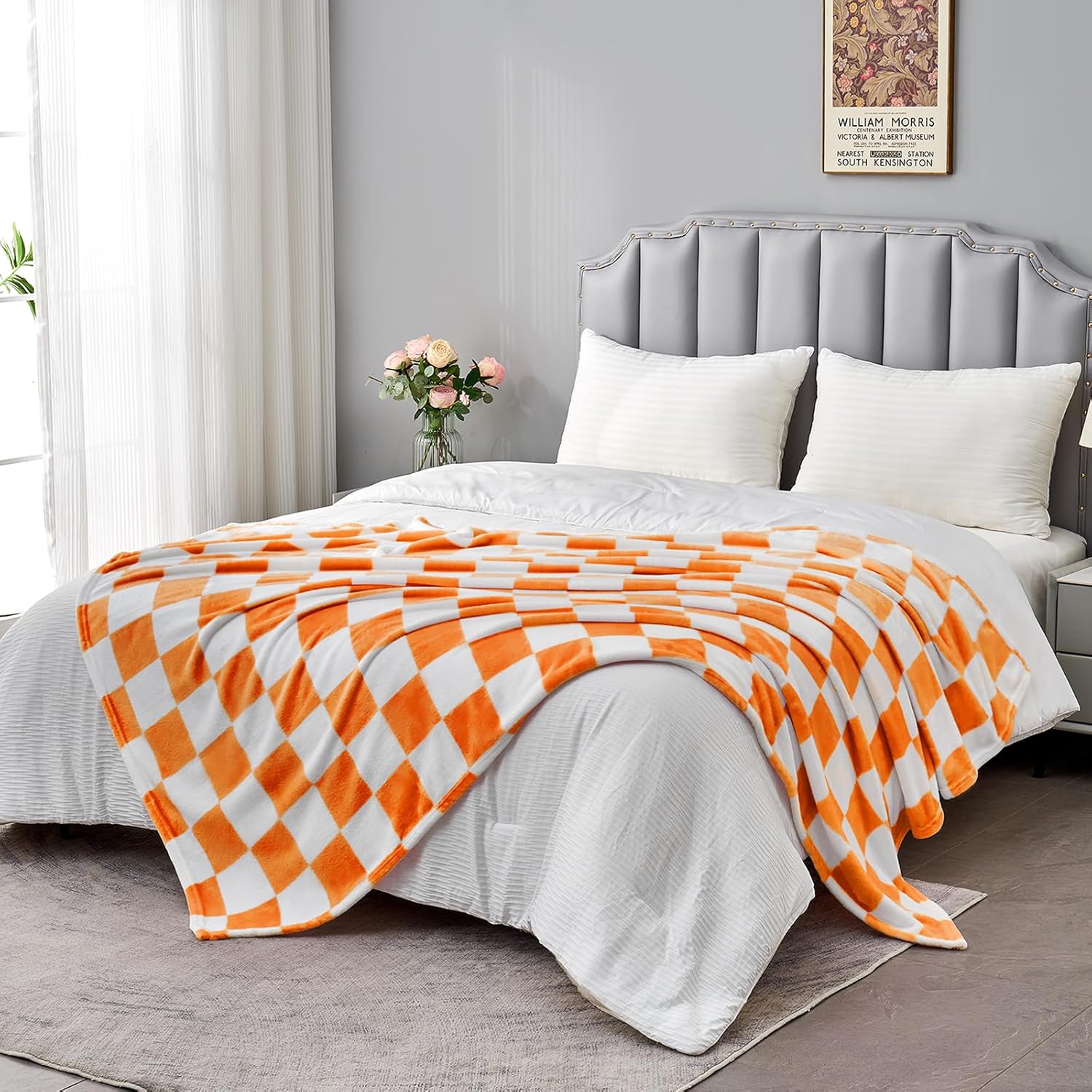 Orange Checkered Blanket, Soft Cozy Fleece Checkered Throw Blankets for Bed Sofa Couch Camping, Ultra Fluffy Throws for All Seasons, 50x60 Inch, Orange - Image 3