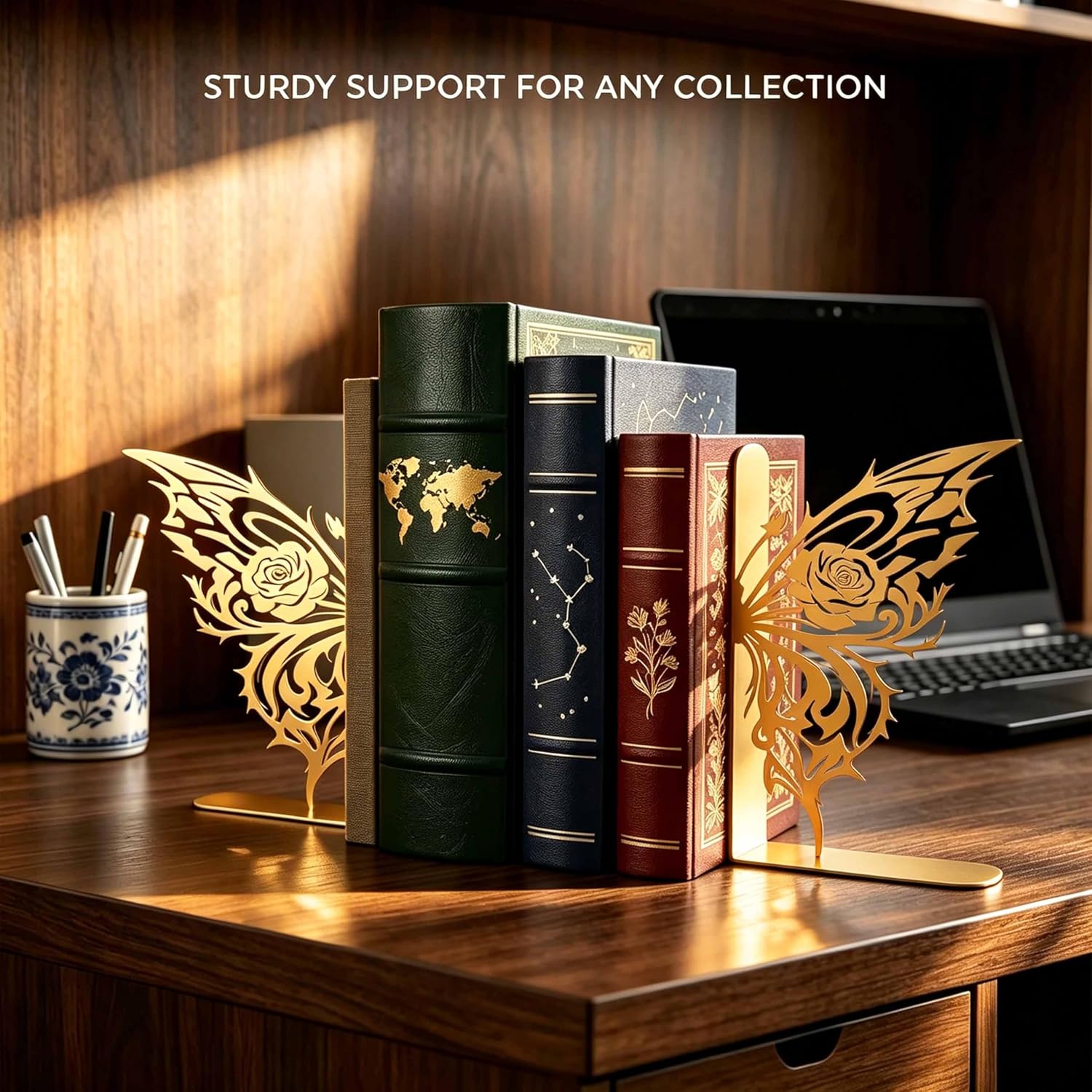 Gold Metal Butterfly Bookends Decorative Book Ends for Shelves with Unique Gothic Design, Book Holders for Home Office Desk, Library Study Room Butterfly Table Decor, Gift for Woman Readers