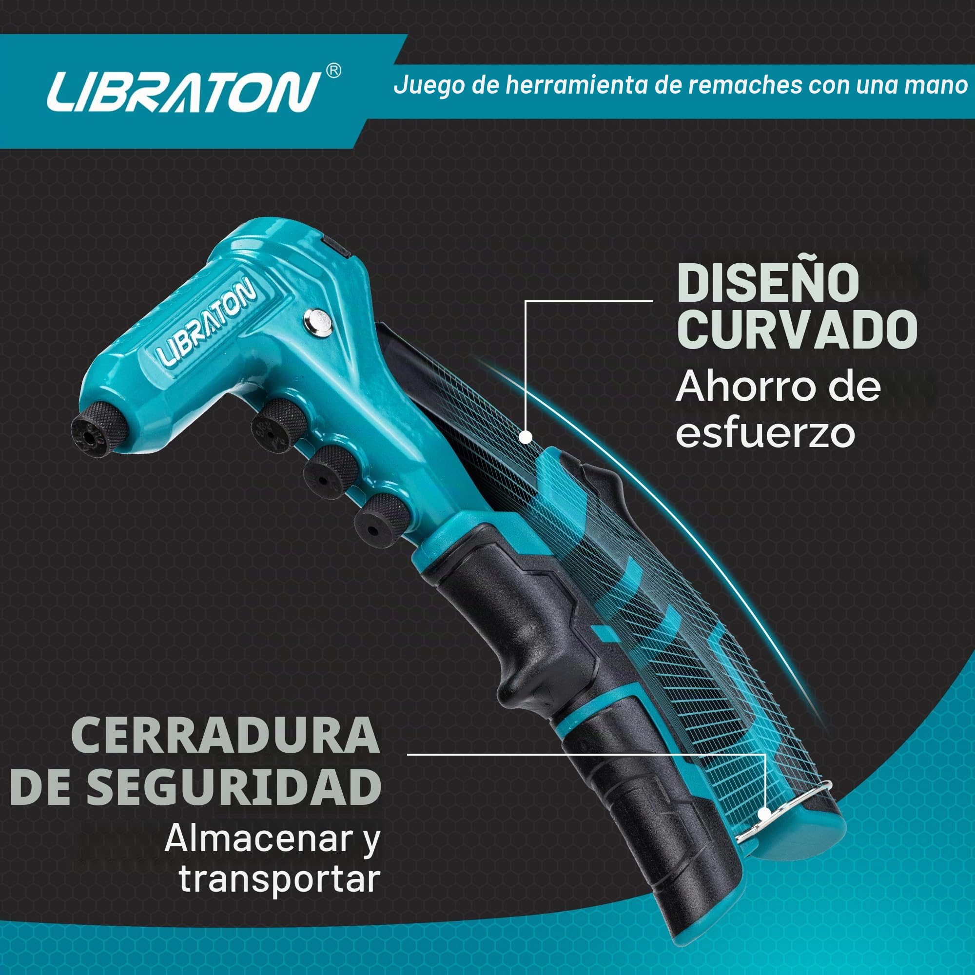 LIBRATON Remachadora Manual, Pistola Remachadora, Remachadora Profesional con 200 Remaches (2,4 mm/3,2 mm/4,0 mm/4,8 mm) y 4 Brocas HSS, para Metal, Madera y Plástico