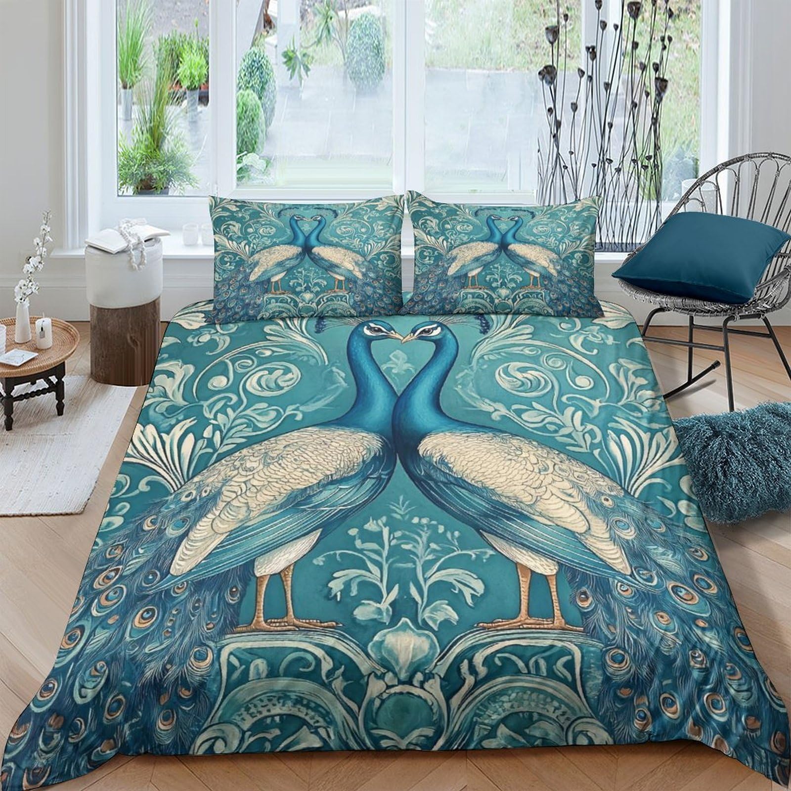 Ctjqhvkz Style-5 3D Printed Peacock Art Fitted Sheet Microfiber Soft Blue Elegant Bird Bed Cover For Bedroom Guest Room Decor Single（135X200cm）
