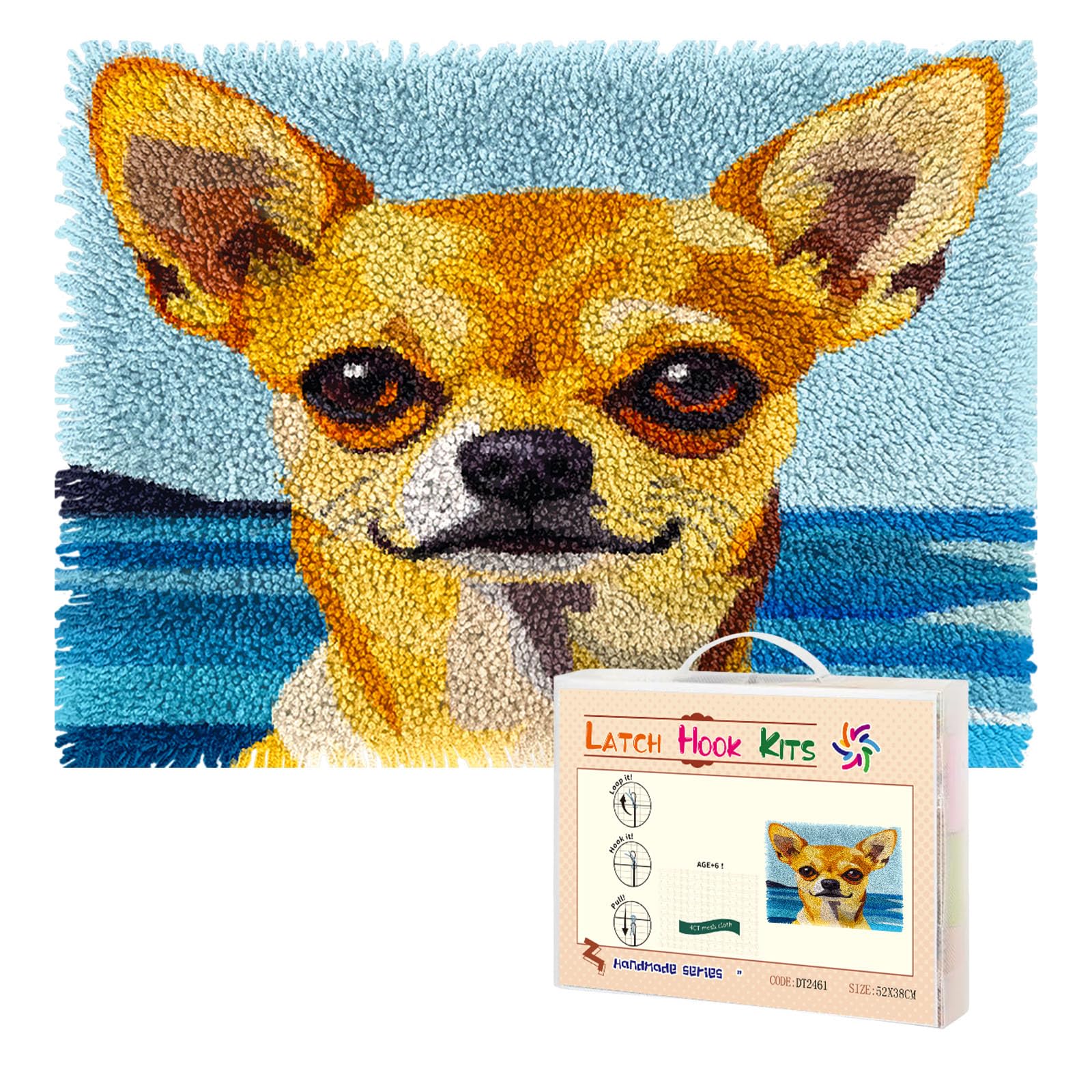 Latch Hook Kit Rug for Adults Chihuahua Dog with Sea Pre-Printed Handmade Carpet Crochet Yarn Craft DIY Hook and Latch Door Mat Tapestry Home Floor Decoration 52x38cm-3