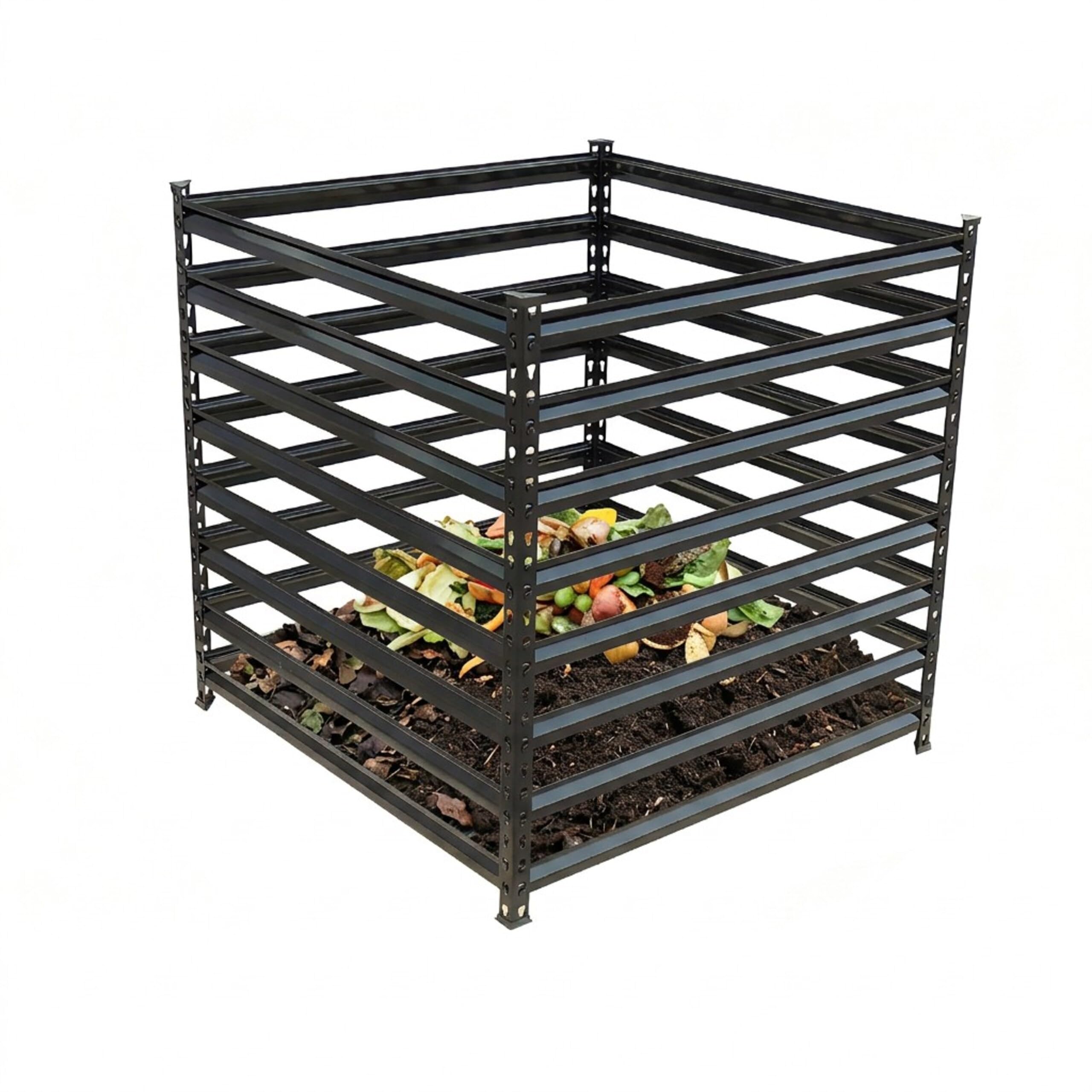 Relaxdays Metal Garden Composter, Leaf & Lawn, 90x90x90 cm, 729L, Galvanised Steel, Black