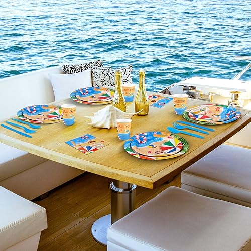 Miniatura 6 de ADXCO Juego de vajilla de verano de 192 piezas para fiesta en la piscina, incluye platos, servilletas, vasos, tenedores, cuchillos, cucharas para