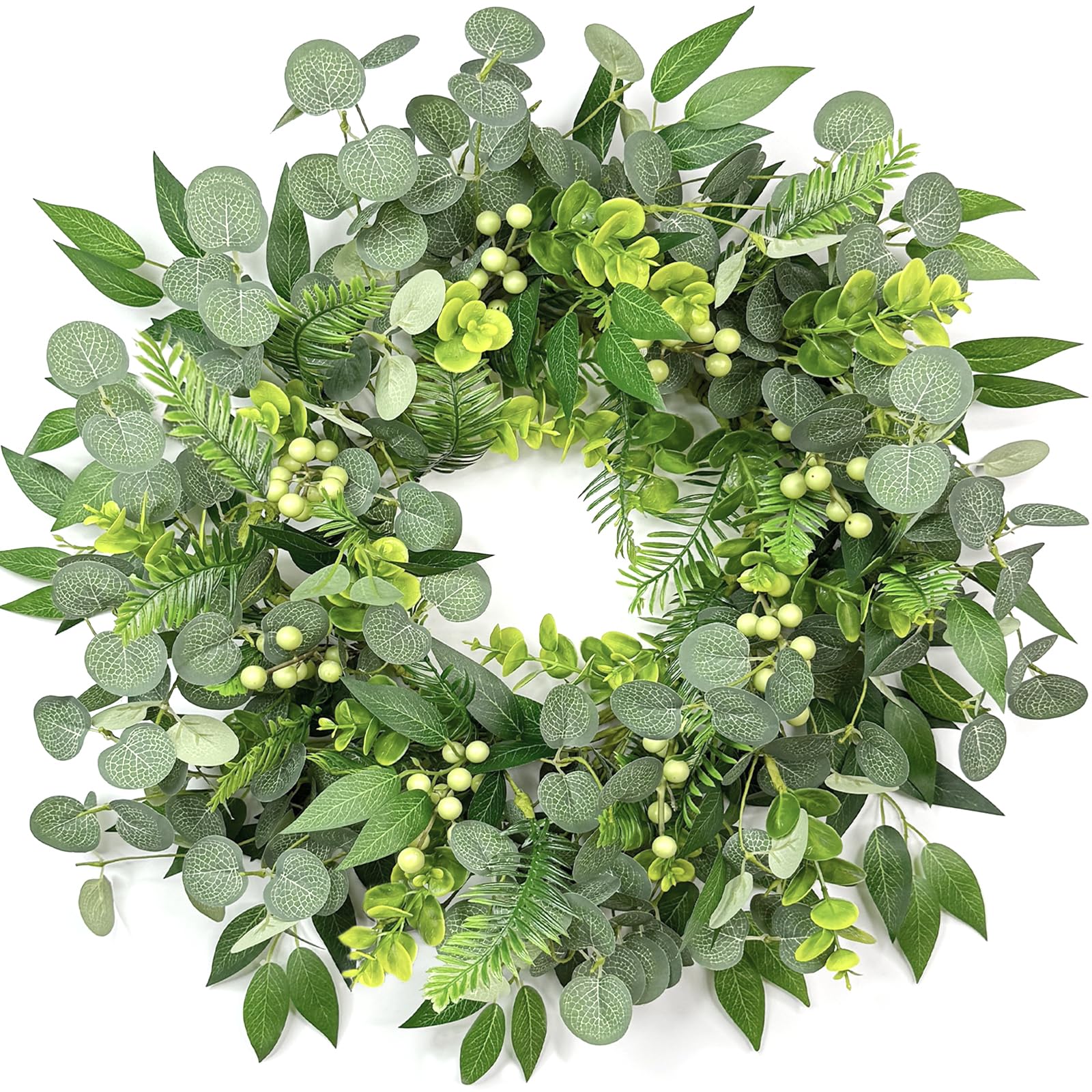Eucalyptus Wreath 20 Inch Green Spring Summer Wreaths for Front Door Artificial Greenery Boxwood Fern Indoor Outdoor Decoration for Farmhouse Porch Window Wall All Season Office Home Decor