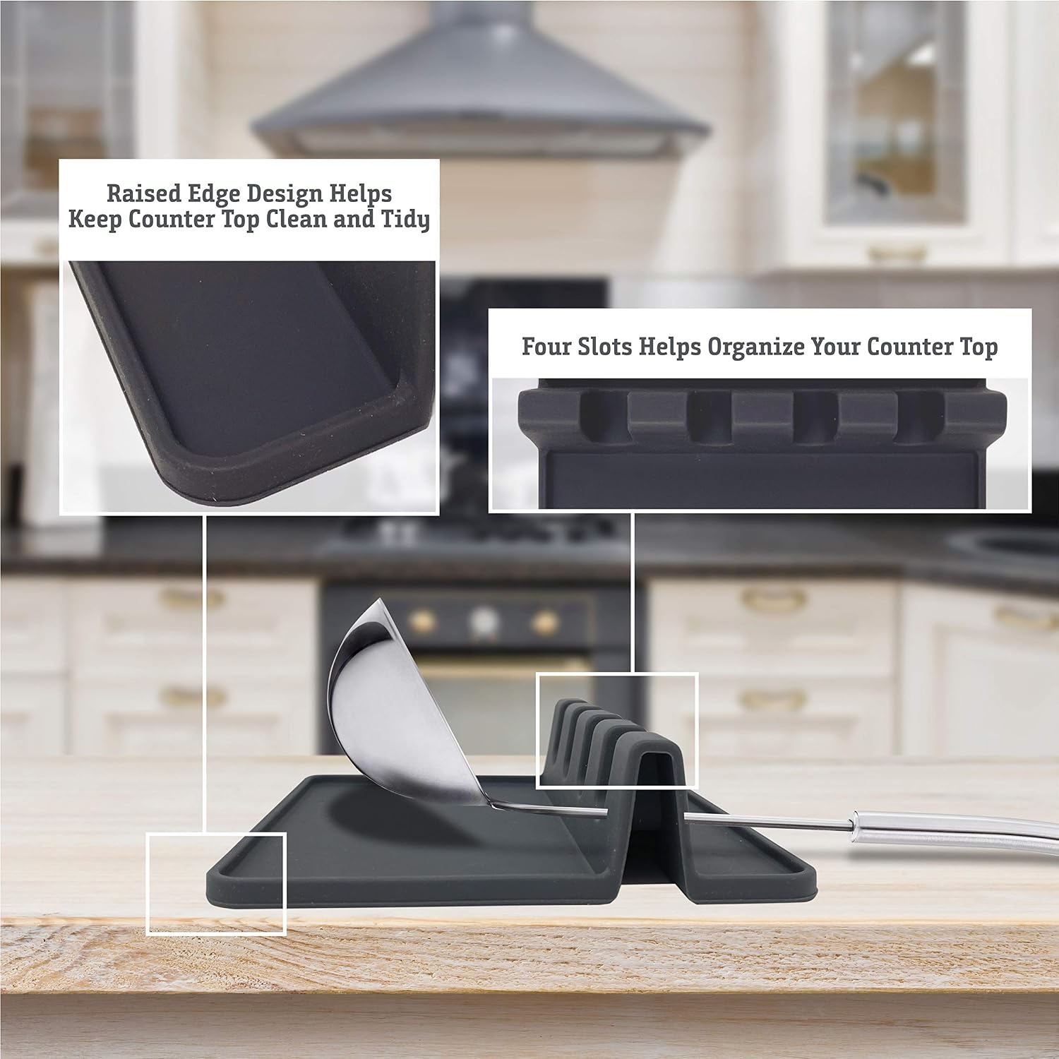 Makerstep Silicone Utensil Spoon Rest with Drip Pad Non Slip Dark Gray, Heat Resistant and Grill Spoon Holder for Stove Top Spatula, Ladle, Tongs, Kitchen Gadgets and Cooking Tools 5.5” x 5.5"
