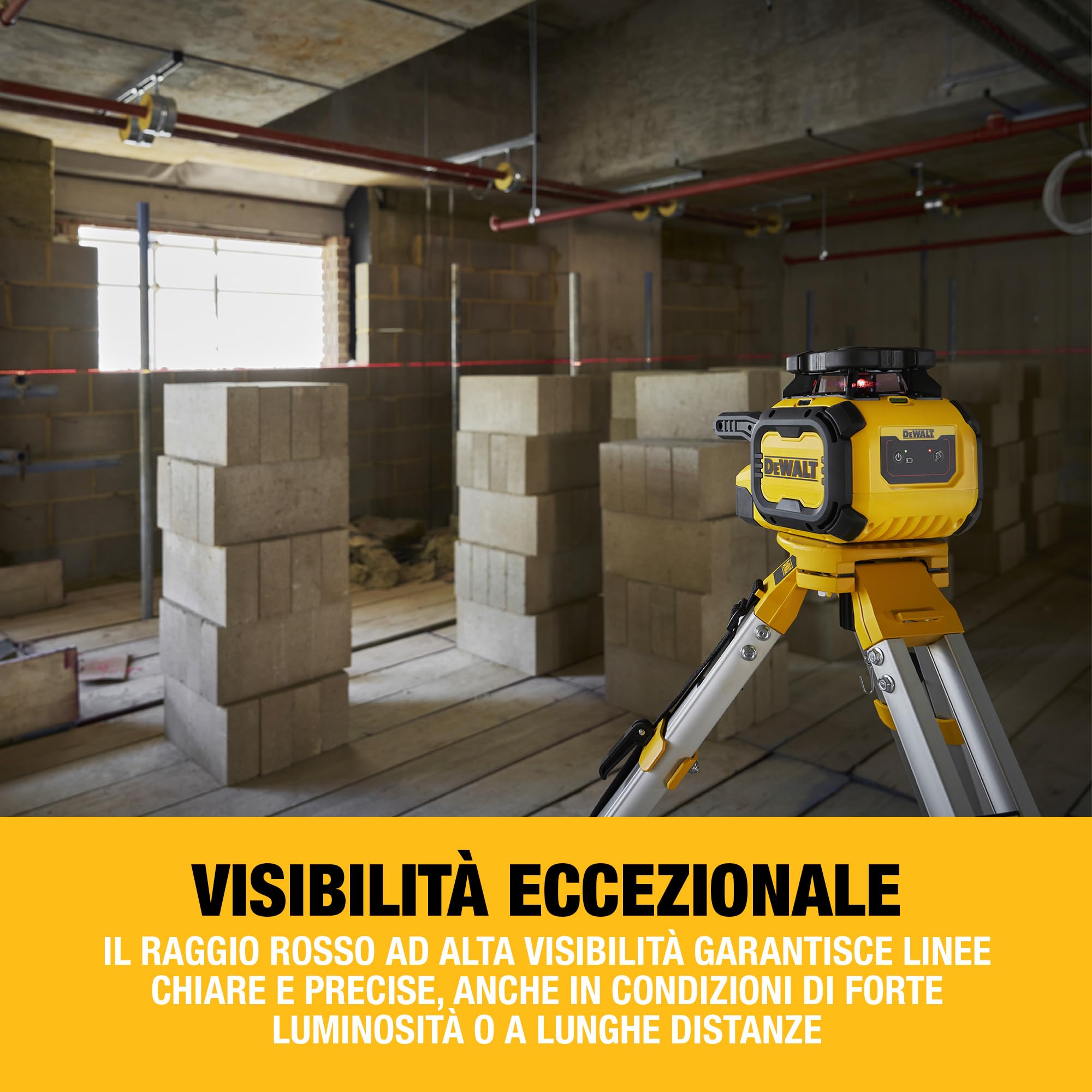 DEWALT Laser Rotante Rosso DCLE05211R-XJ, Portata 600m con Rilevatore, Batteria Alcalina 35 Ore, IP66, Precisione 2.2mm