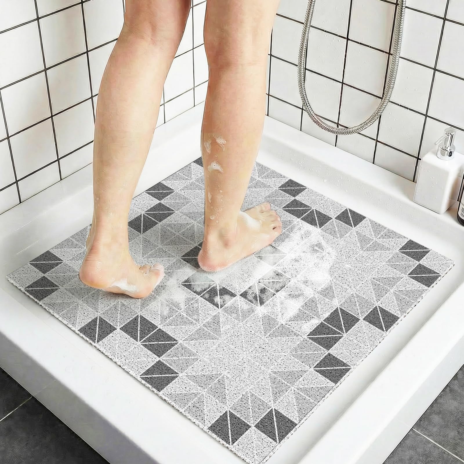 Square Non Slip Shower Mat 60x60 CM, Quick Drying Anti Mould PVC Loofah Bath Mat for Wet Room & Bathroom Floor, Anti Slip Shower Mats for Elderly, Bath Mats for Bathroom, Gray Geometry