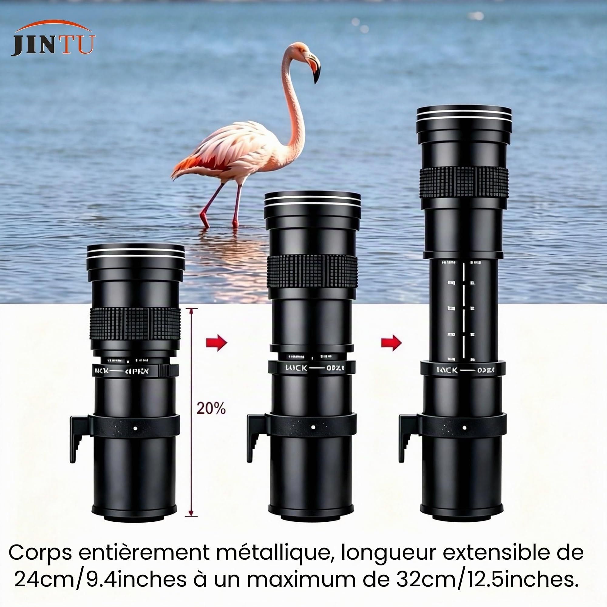 JINTU 420-800mm F8.3 Téléobjectif Zoom Objectif Manuelles EF/EF-S pour Canon T7I T6I 4000D 2000D 80D 90D 5D III 6D 7D II 60D 70D 250D 750D 760D 1200D 1100D 1500D 650D 550D 450D 3000D 6DII/5DIV/IDXIII