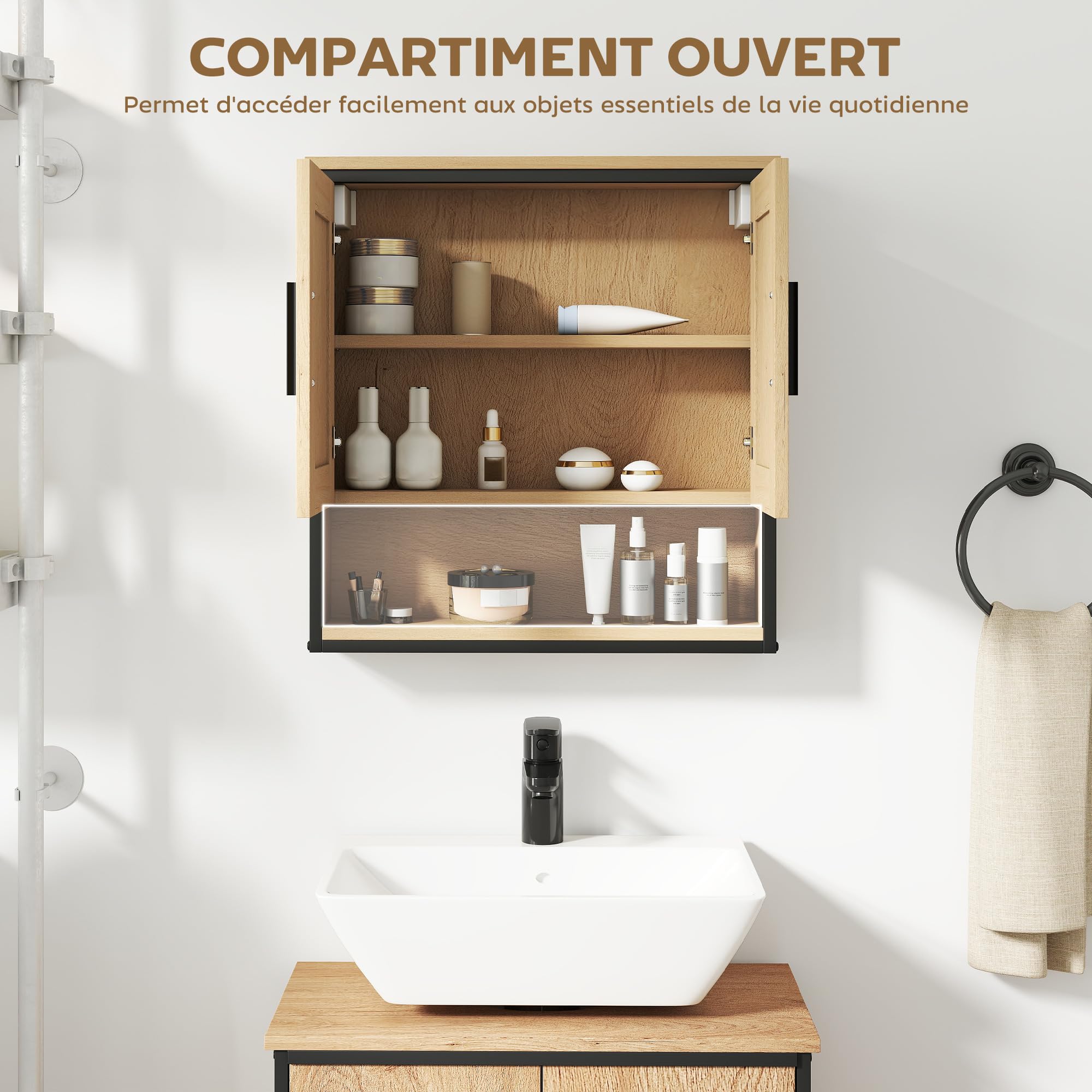 HOMCOM Armoire Murale Salle de Bain avec Miroir, Meuble Salle de Bain, Armoire de Toilette avec Compartiment Ouvert et étagère réglable, chêne